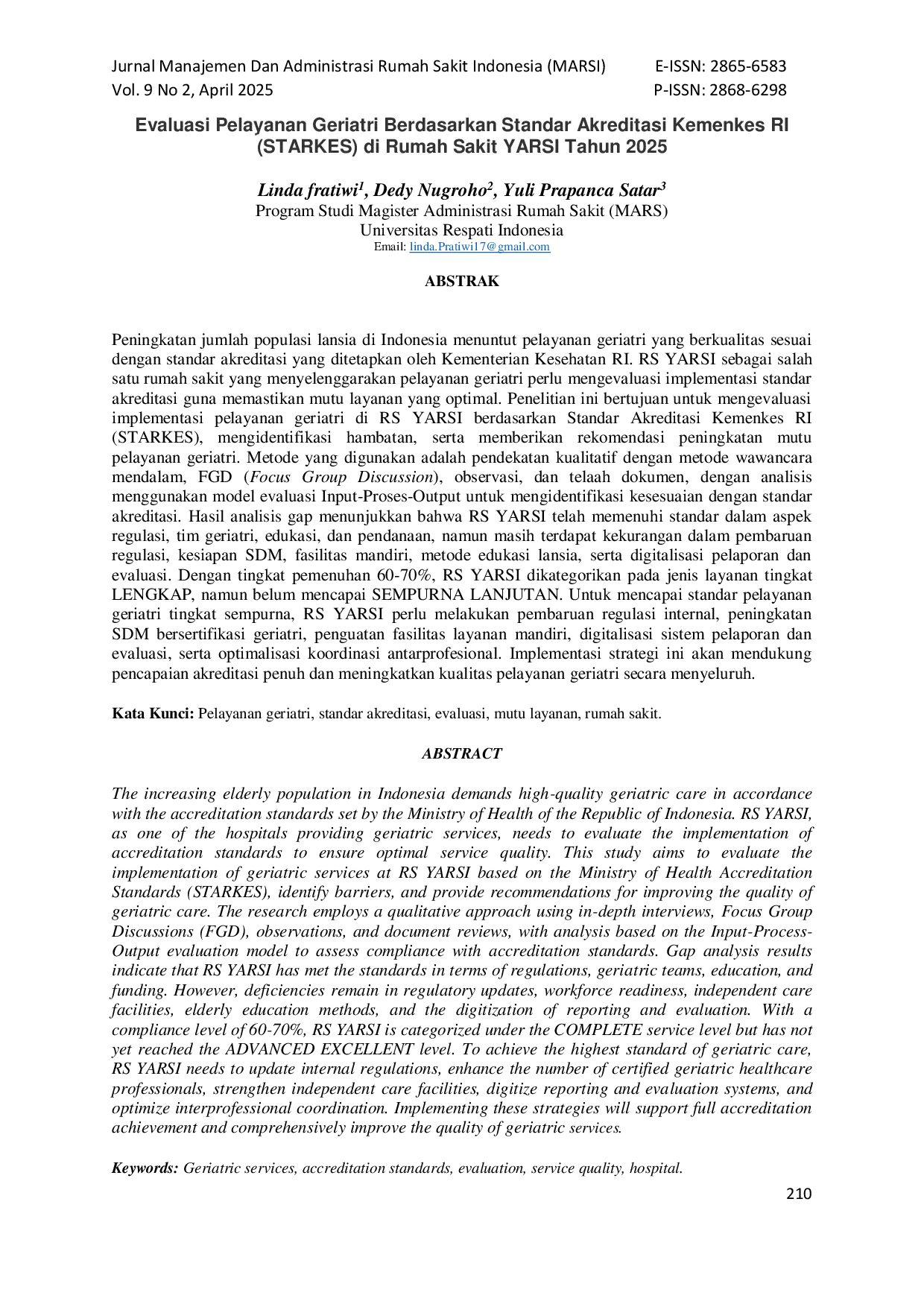 JURIS Evaluasi Pelayanan Geriatri Berdasarkan Standar Akreditasi Kemenkes RI STARKES di Rumah Sakit YARSI Tahun 2025