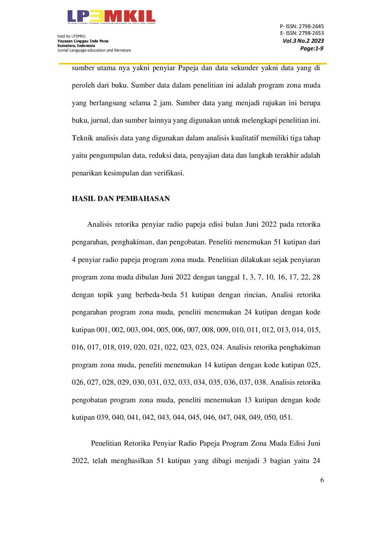JURIS Analisis Retorika Penyiar Radio Papeja Lubuklinggau Program Zona Muda Edisi Juni 2022