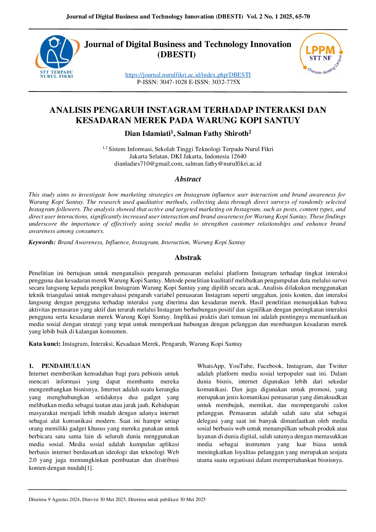 JURIS Analisis Pengaruh Instagram terhadap Interaksi dan Kesadaran Merek pada Warung Kopi Santuy