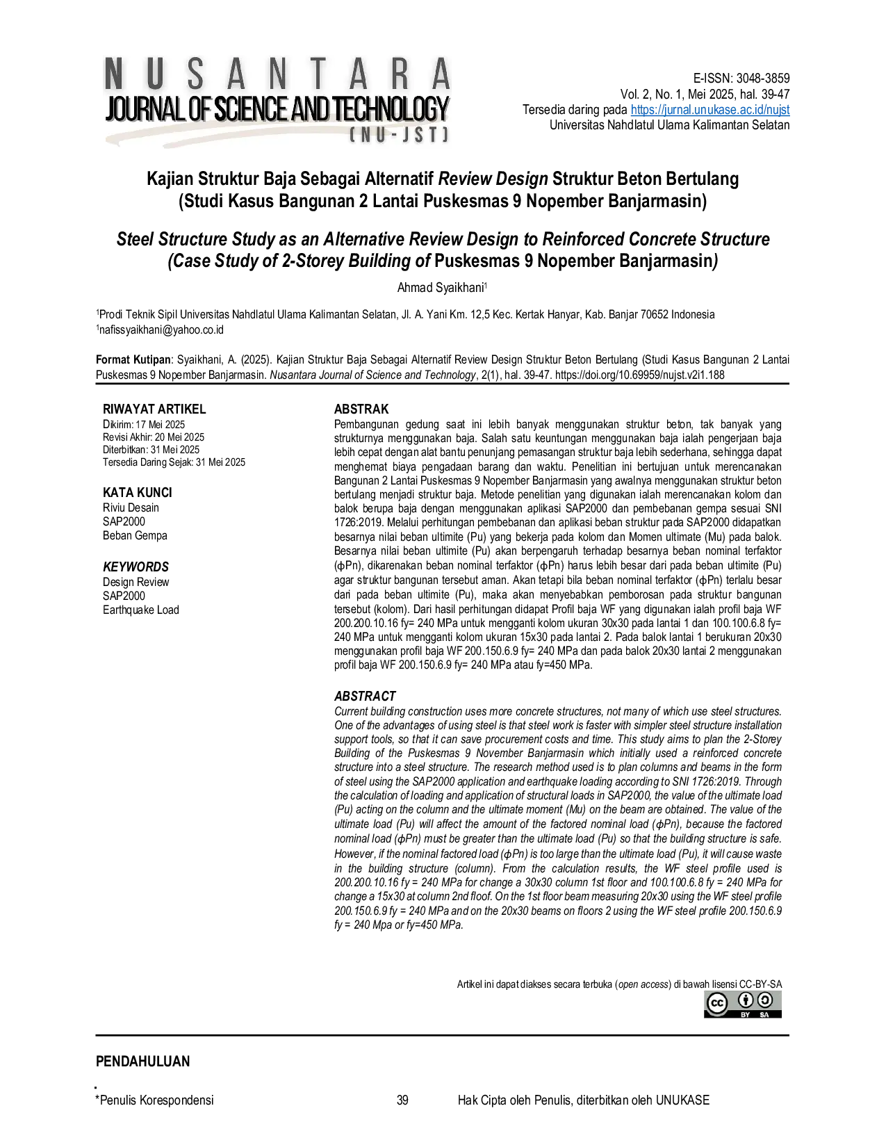 JURIS Kajian Struktur Baja Sebagai Alternatif Review Design Struktur Beton Bertulang Studi Kasus Bangunan 2 Lantai Puskesmas 9 Nopember Banjarmasin