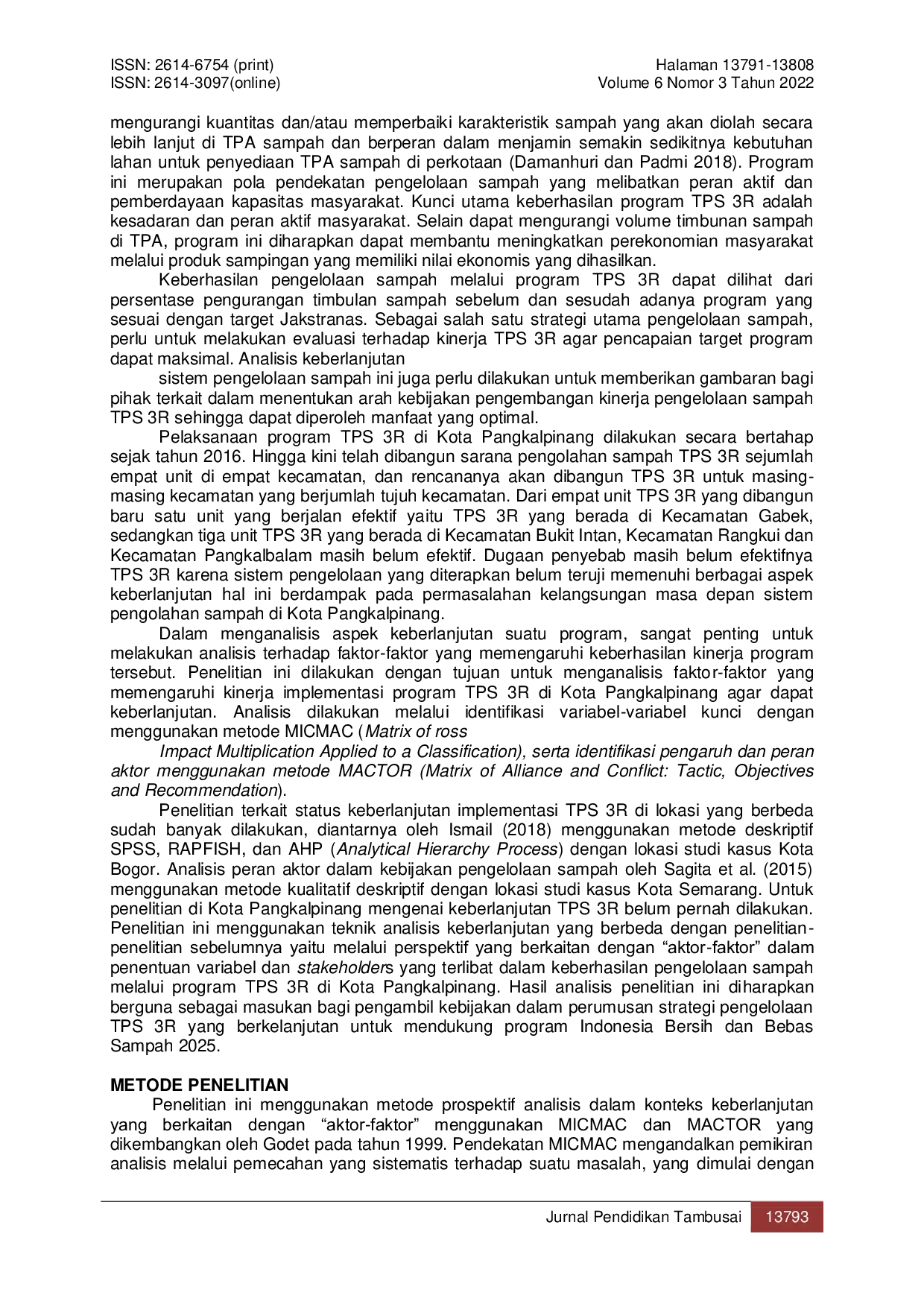 JURIS Analisis Prospektif untuk Keberlanjutan Pengelolaan TPS 3R di Kota Pangkalpinang