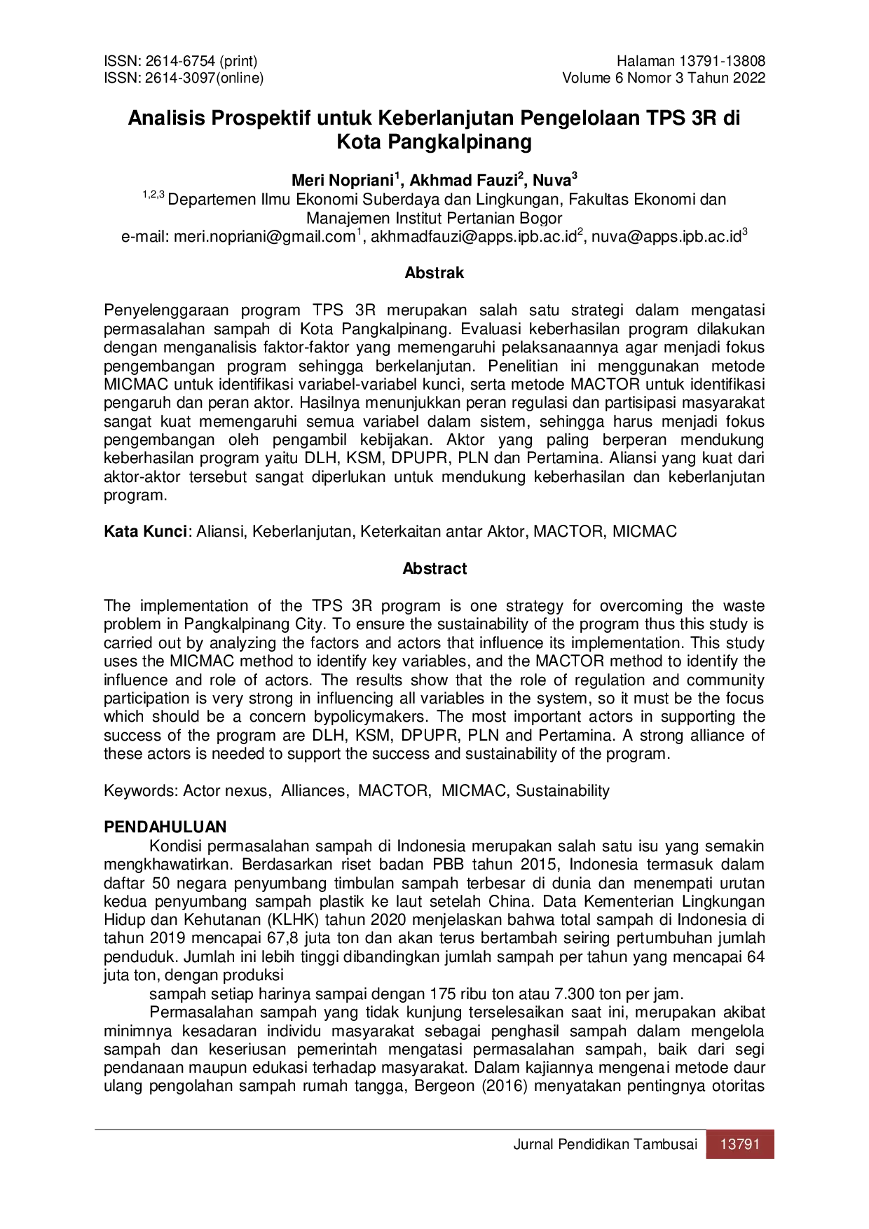 JURIS Analisis Prospektif untuk Keberlanjutan Pengelolaan TPS 3R di Kota Pangkalpinang