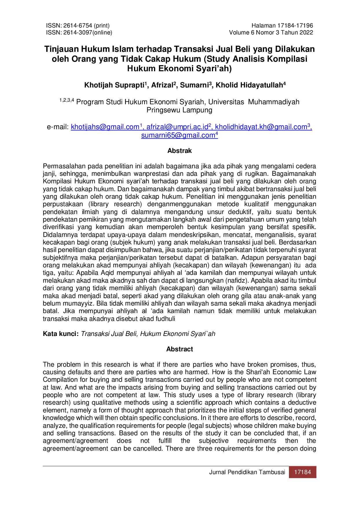 JURIS Tinjauan Hukum Islam terhadap Transaksi Jual Beli yang Dilakukan oleh Orang yang Tidak Cakap Hukum Study Analisis Kompilasi Hukum Ekonomi Syari ah