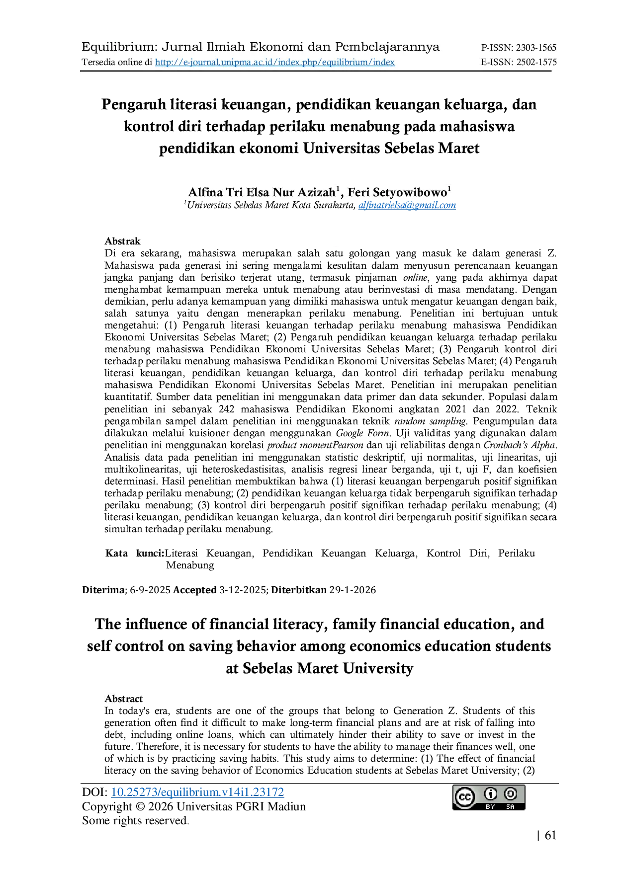 JURIS Pengaruh literasi keuangan pendidikan keuangan keluarga dan kontrol diri terhadap perilaku menabung pada mahasiswa pendidikan ekonomi Universitas Sebelas Maret