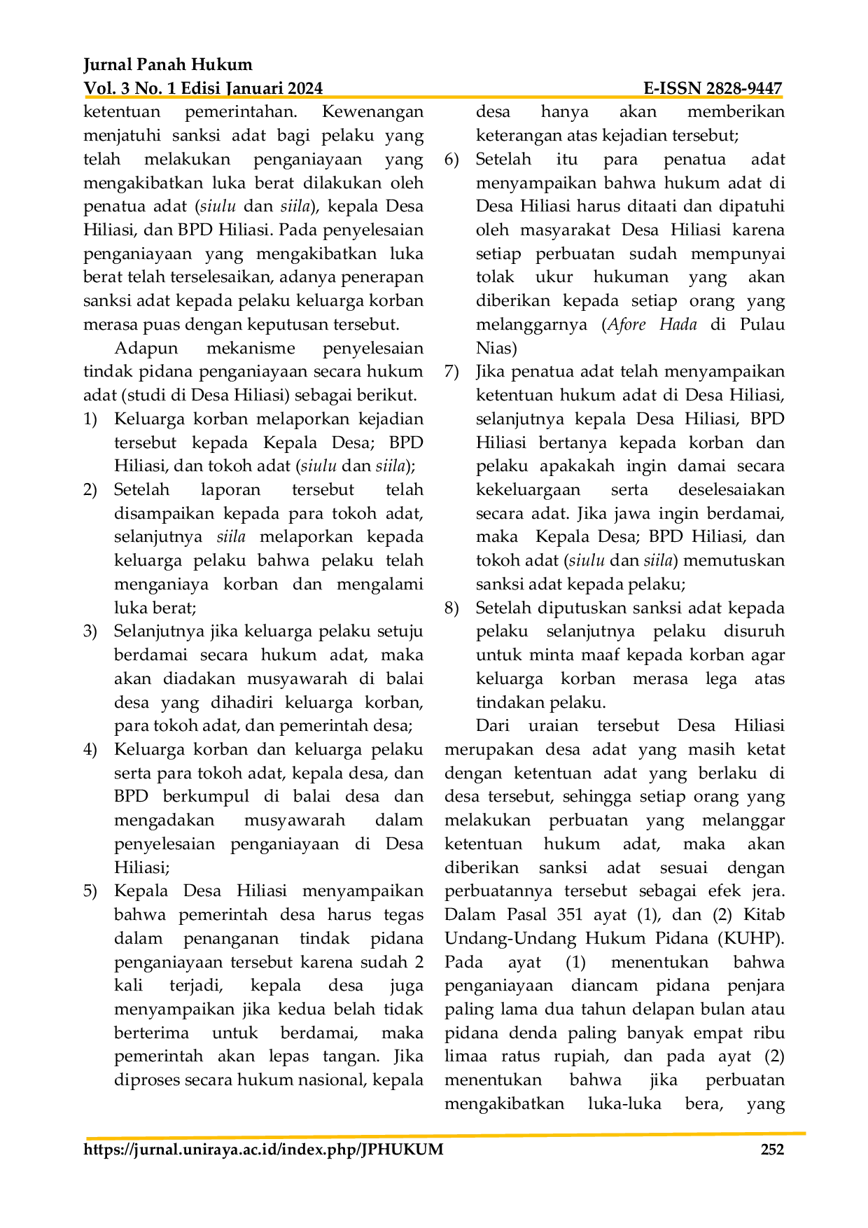 JURIS Mekanisme Penyelesaian Tindak Pidana Penganiayaan Secara Hukum Adat Studi Di Desa Hiliasi
