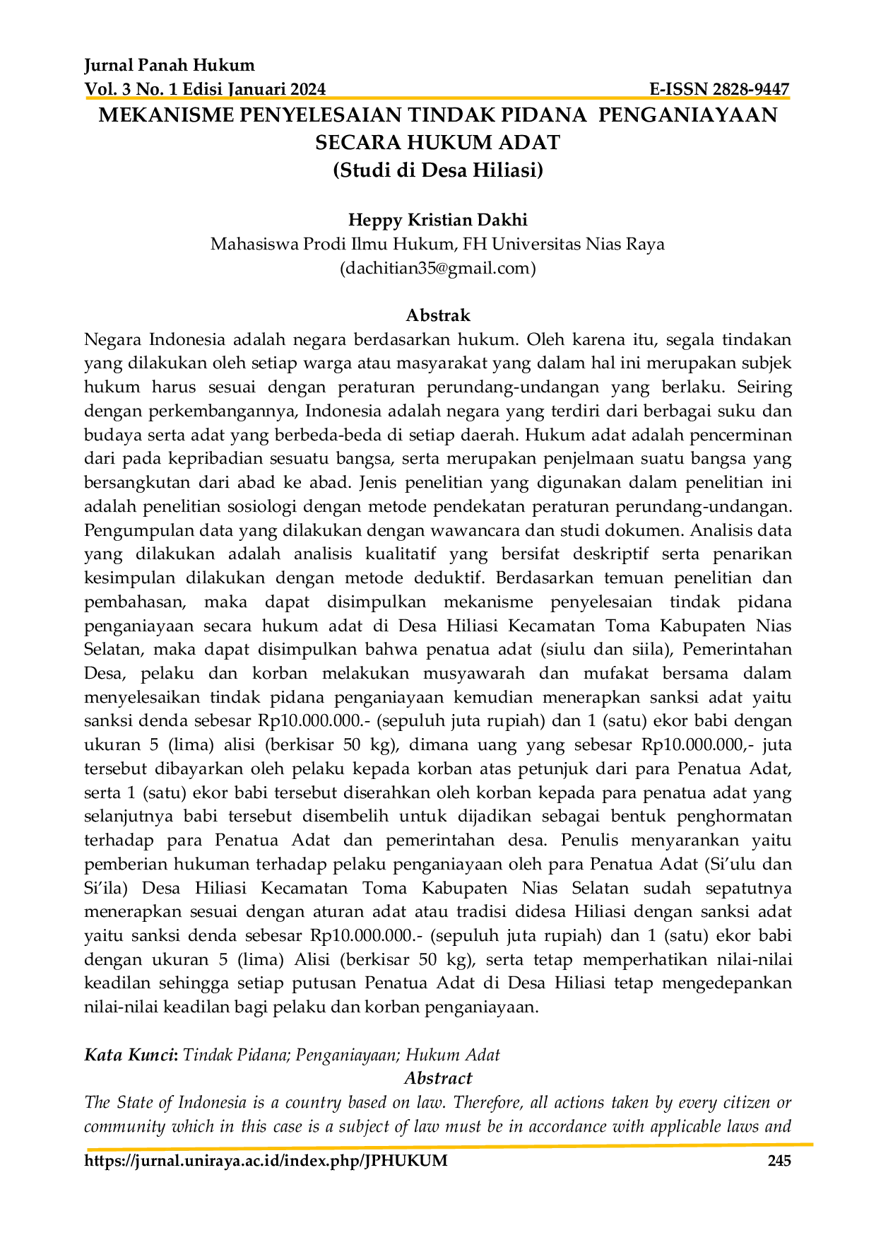 JURIS Mekanisme Penyelesaian Tindak Pidana Penganiayaan Secara Hukum Adat Studi Di Desa Hiliasi