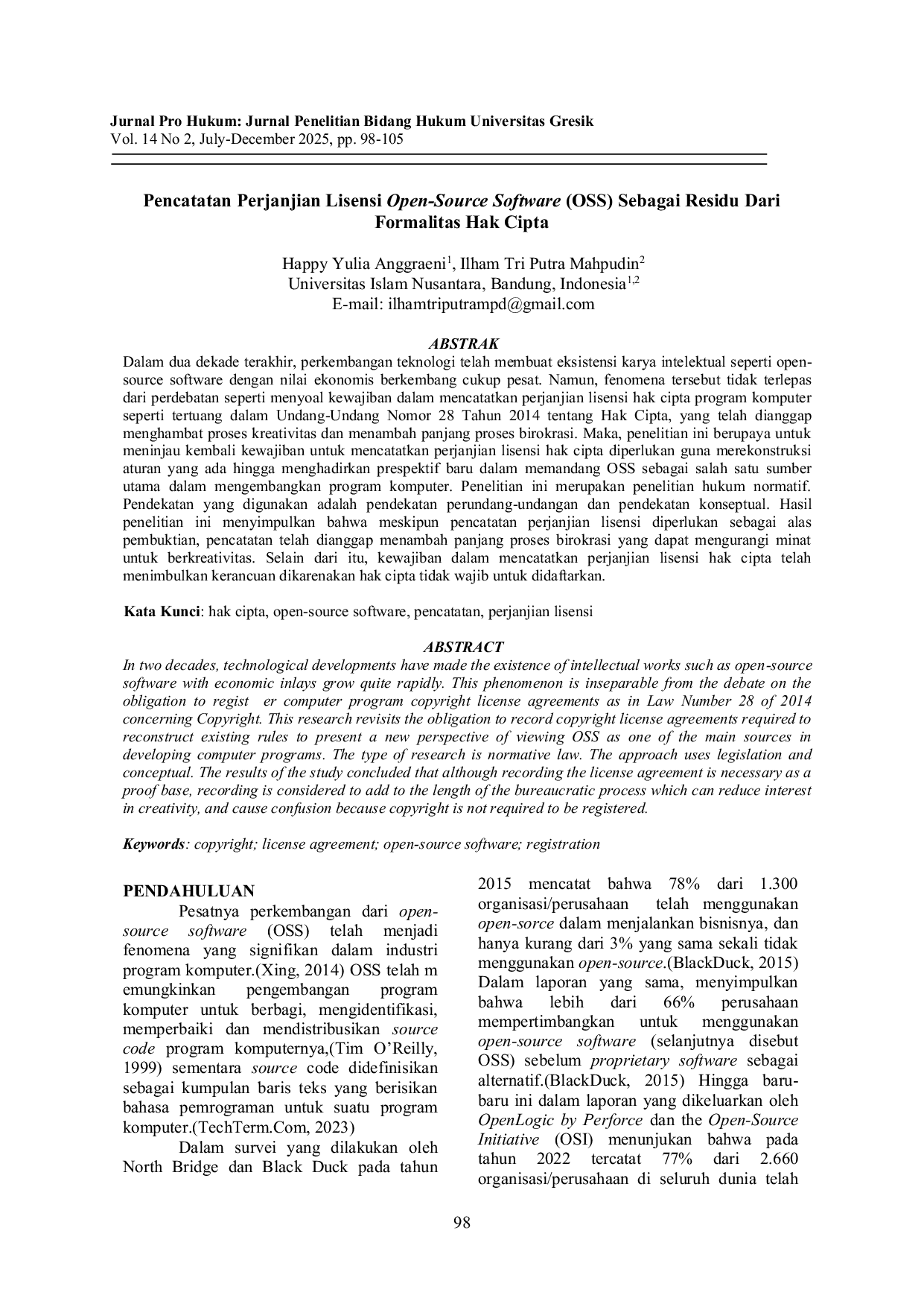 JURIS Pencatatan Perjanjian Lisensi Open Source Software OSS Sebagai Residu Dari Formalitas Hak Cipta