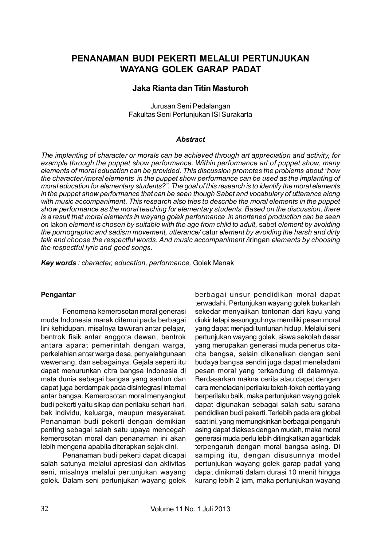 JURIS Penanaman Budi Pekerti Melalui Pertunjukan Wayang Golek Garap Padat