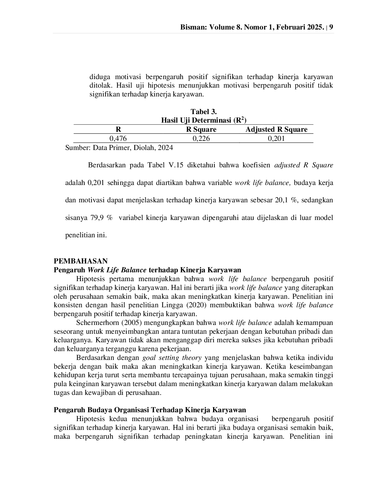 JURIS Pengaruh Work Life Balance Budaya Organisasi dan Motivasi terhadap Kinerja Karyawan PT Swadaya Graha Rembang