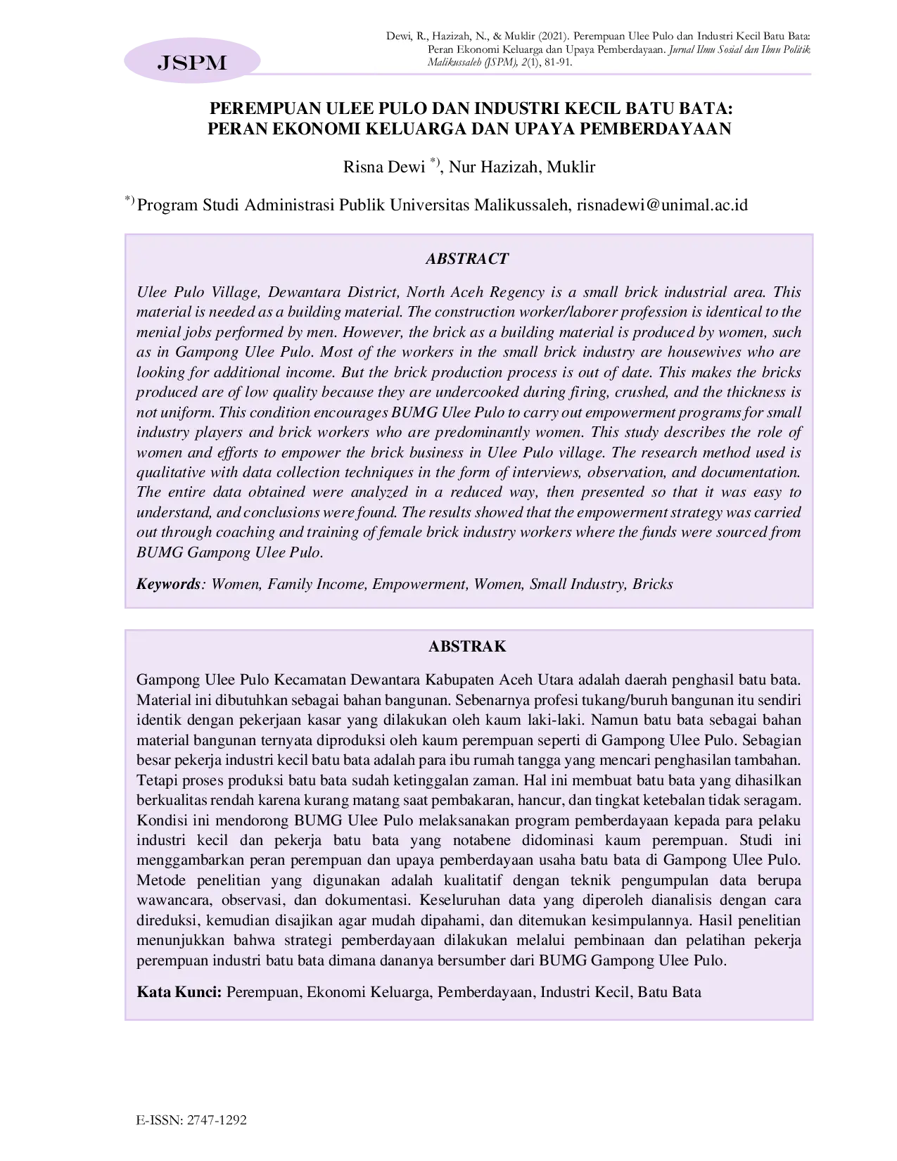 JURIS Perempuan Ulee Pulo dan Industri Kecil Batu Bata Peran Ekonomi Keluarga dan Upaya Pemberdayaan