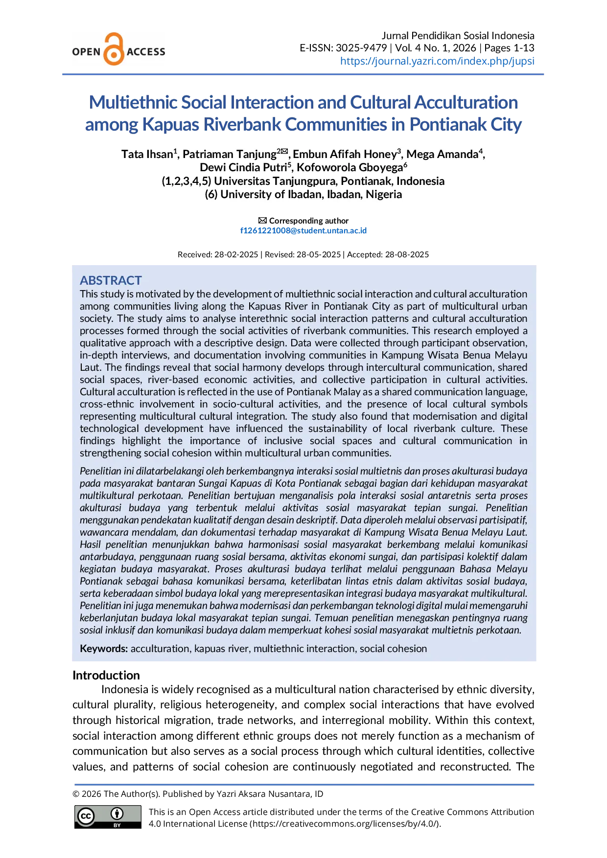 JURIS Multiethnic Social Interaction and Cultural Acculturation among Kapuas Riverbank Communities in Pontianak City
