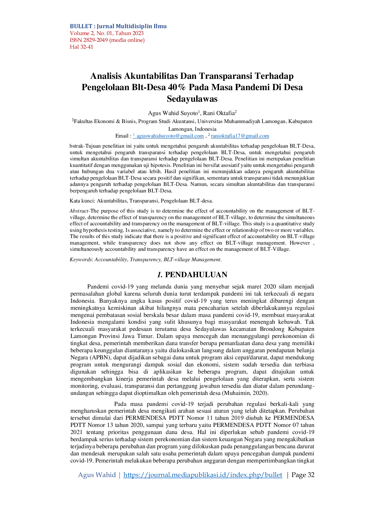 JURIS Analisis Akuntabilitas dan Transparansi terhadap Pengelolaan Blt Desa 40 pada Masa Pandemi di Desa Sedayulawas