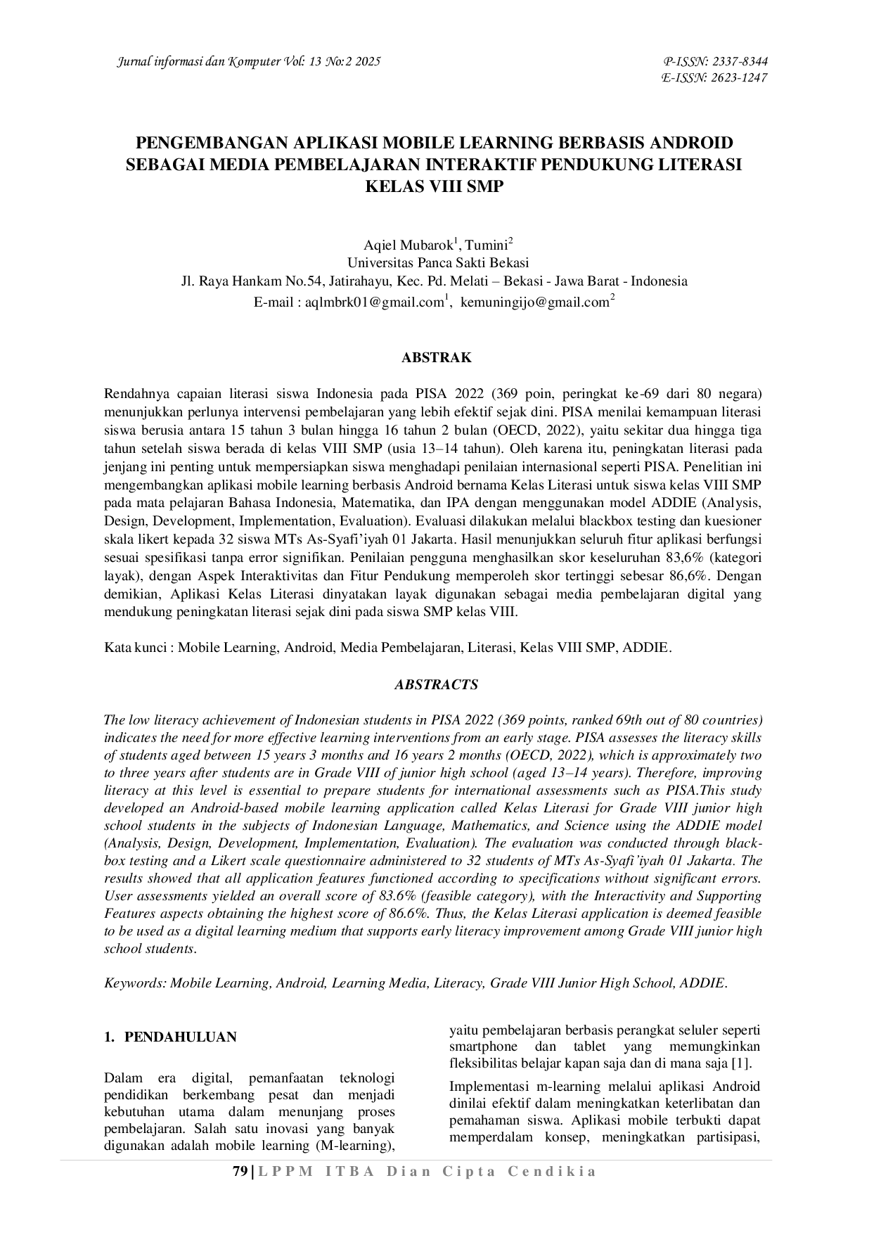 JURIS Pengembangan Aplikasi Mobile Learning Berbasis Android Sebagai Media Pembelajaran Interaktif Pendukung Literasi Kelas VIII SMP