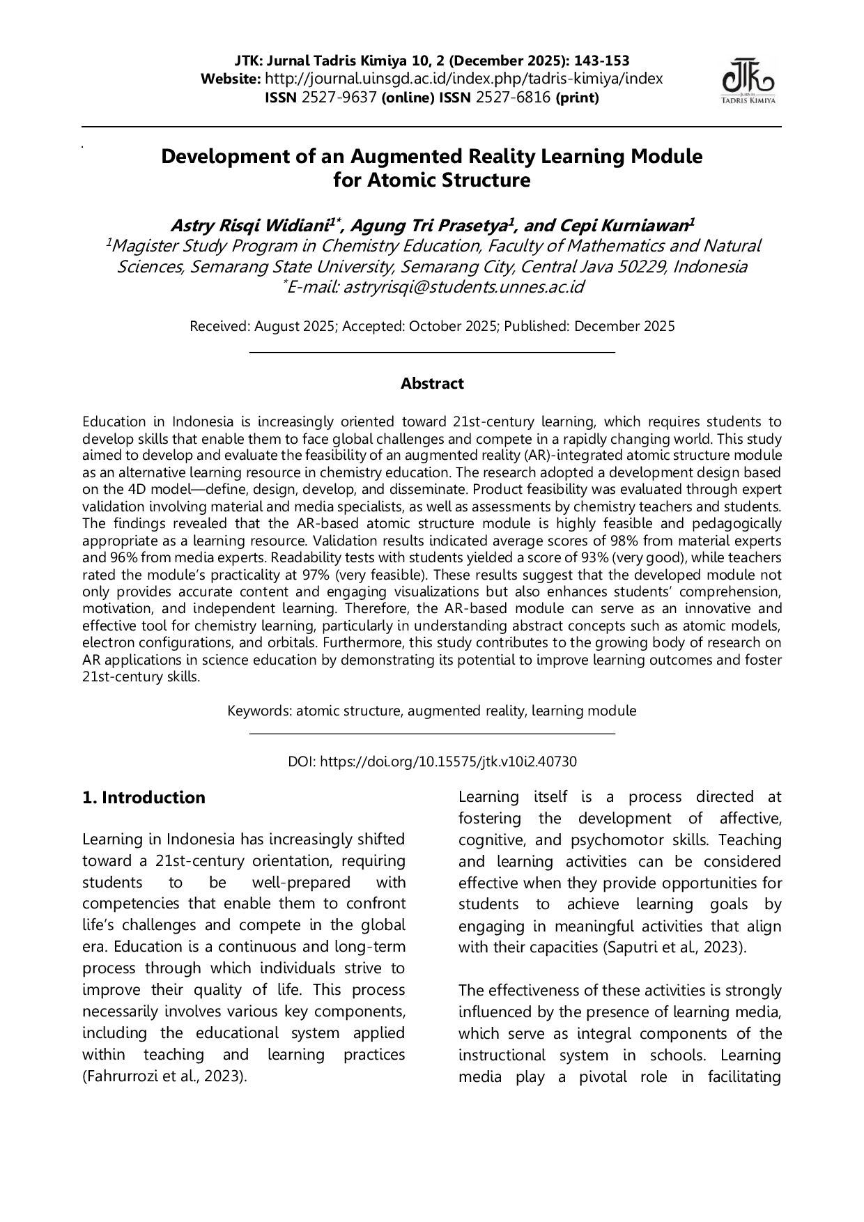 JURIS Development of an Augmented Reality Learning Module for Atomic Structure
