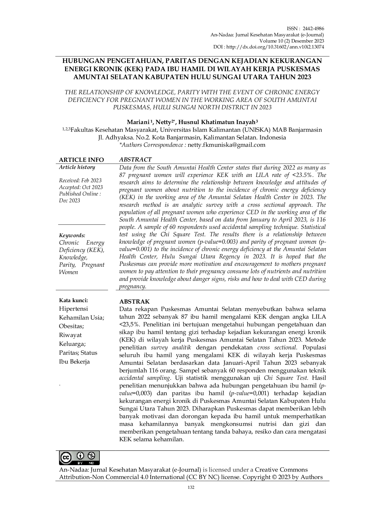 JURIS Hubungan Pengetahuan Paritas Dengan Kejadian Kekurangan Energi Kronik KEK Pada Ibu Hamil Di Wilayah Kerja Puskesmas Amuntai Selatan Kabupaten Hulu Sungai Utara Tahun 2023