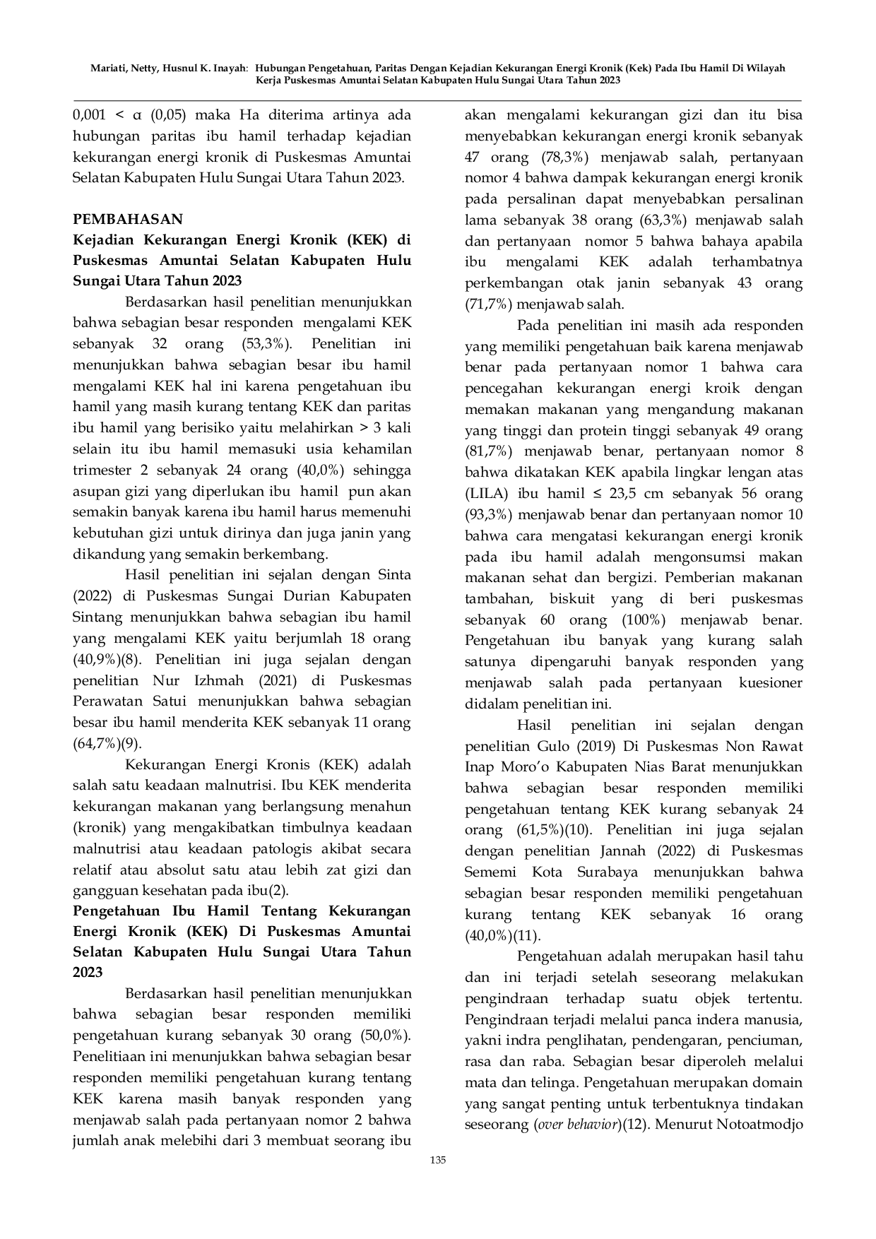 JURIS Hubungan Pengetahuan Paritas Dengan Kejadian Kekurangan Energi Kronik KEK Pada Ibu Hamil Di Wilayah Kerja Puskesmas Amuntai Selatan Kabupaten Hulu Sungai Utara Tahun 2023