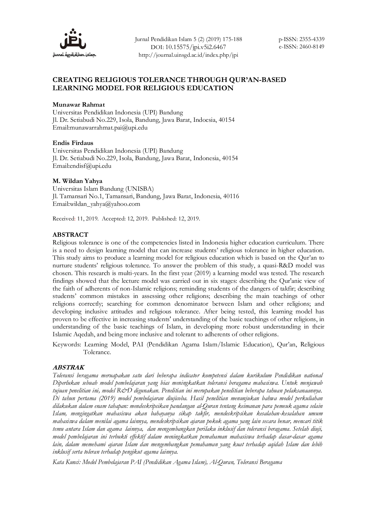 JURIS Creating Religious Tolerance through Quran Based Learning Model for Religious Education