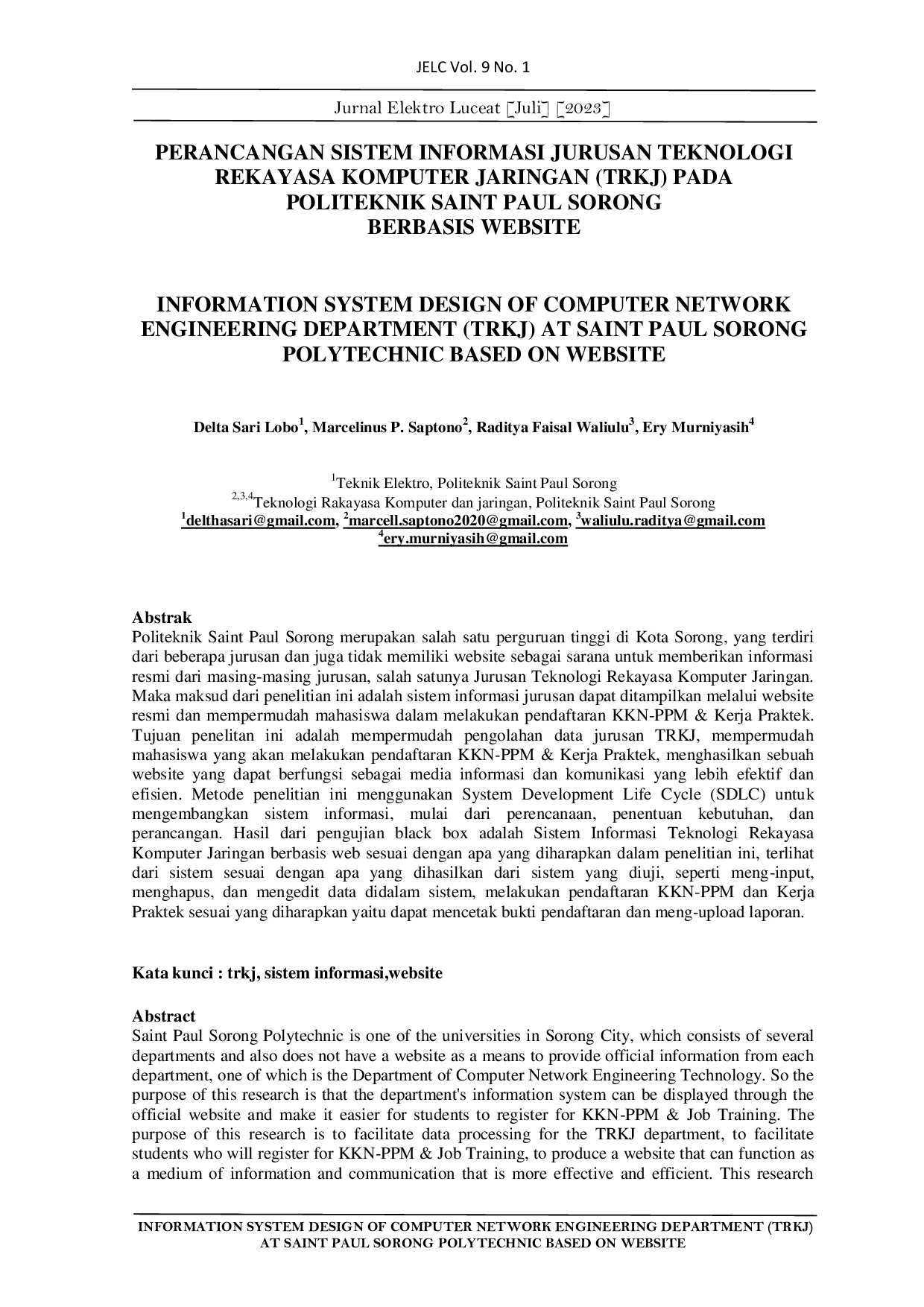 JURIS Perancangan Sistem Informasi Jurusan Teknologi Rekayasa Komputer Jaringan Trkj Pada Politeknik Saint Paul Sorong Berbasis Website