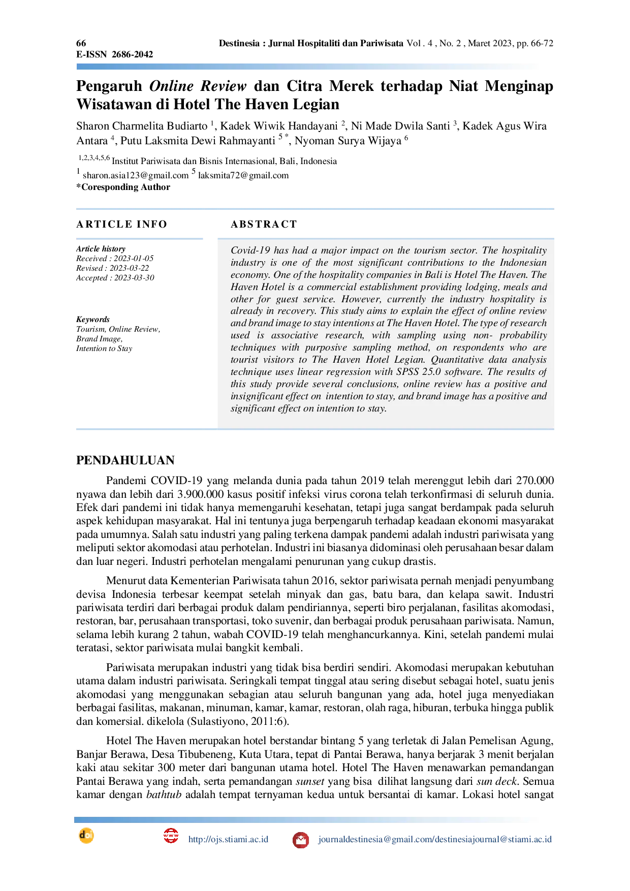 JURIS Pengaruh Online Review dan Citra Merek terhadap Niat Menginap Wisatawan di Hotel The Haven Legian