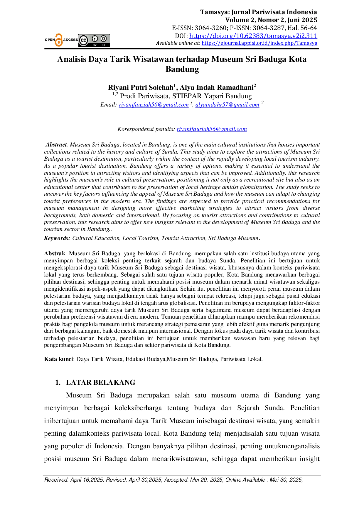 JURIS Analisis Daya Tarik Wisatawan terhadap Museum Sri Baduga Kota Bandung