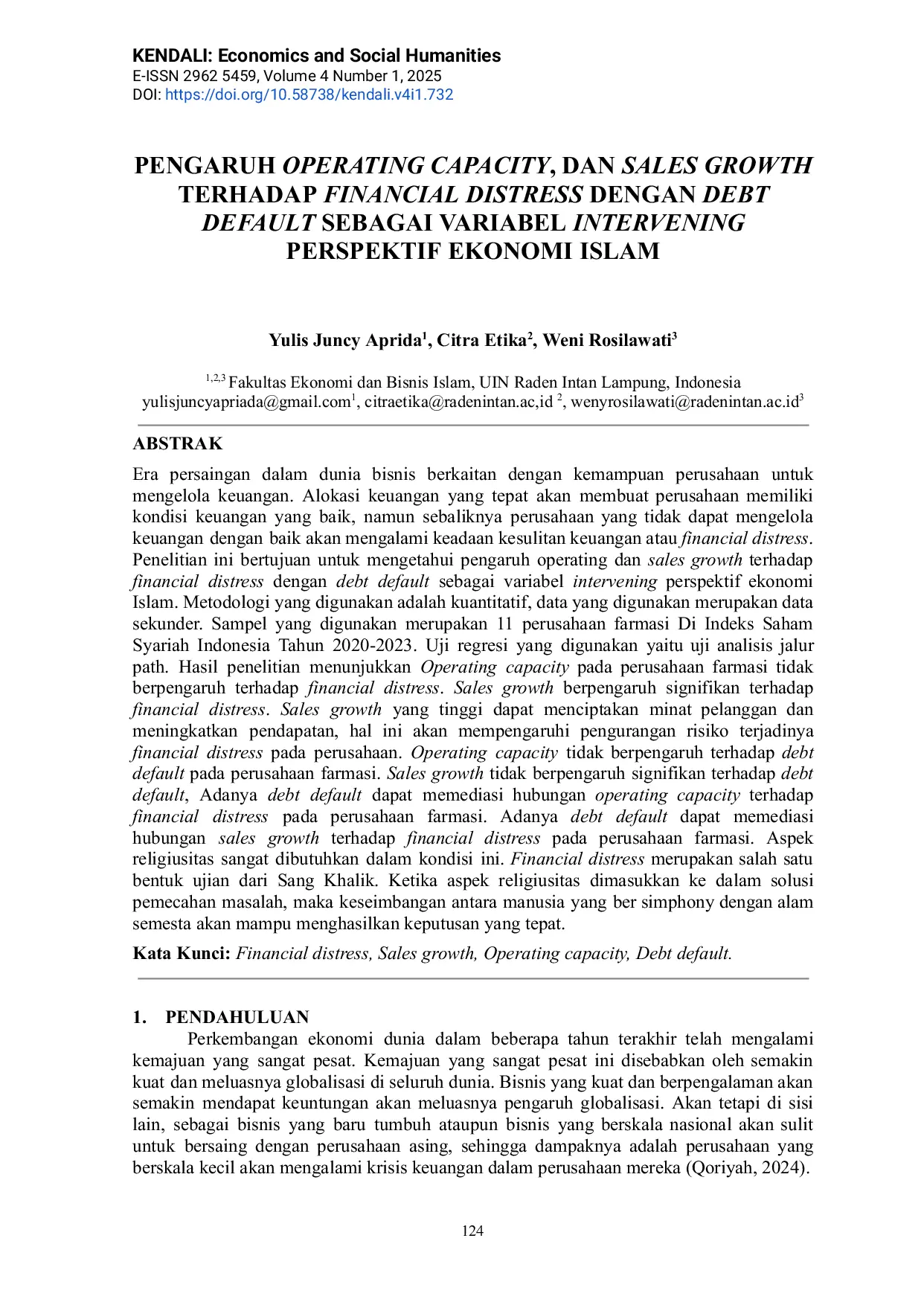 JURIS Pengaruh Operating Capacity Dan Sales Growth Terhadap Financial Distress Dengan Debt Default Sebagai Variabel Intervening Pada Perusahaan Sektor Farmasi Yang Terdaftar Di Indeks Saham Syariah Indones