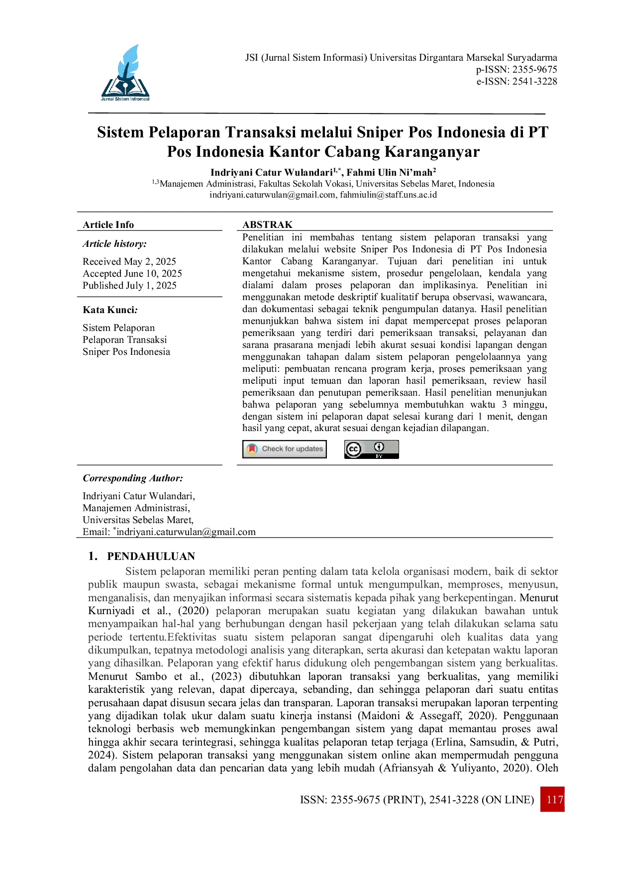 JURIS Sistem Pelaporan Transaksi melalui Sniper Pos Indonesia di PT Pos Indonesia Kantor Cabang Karanganyar