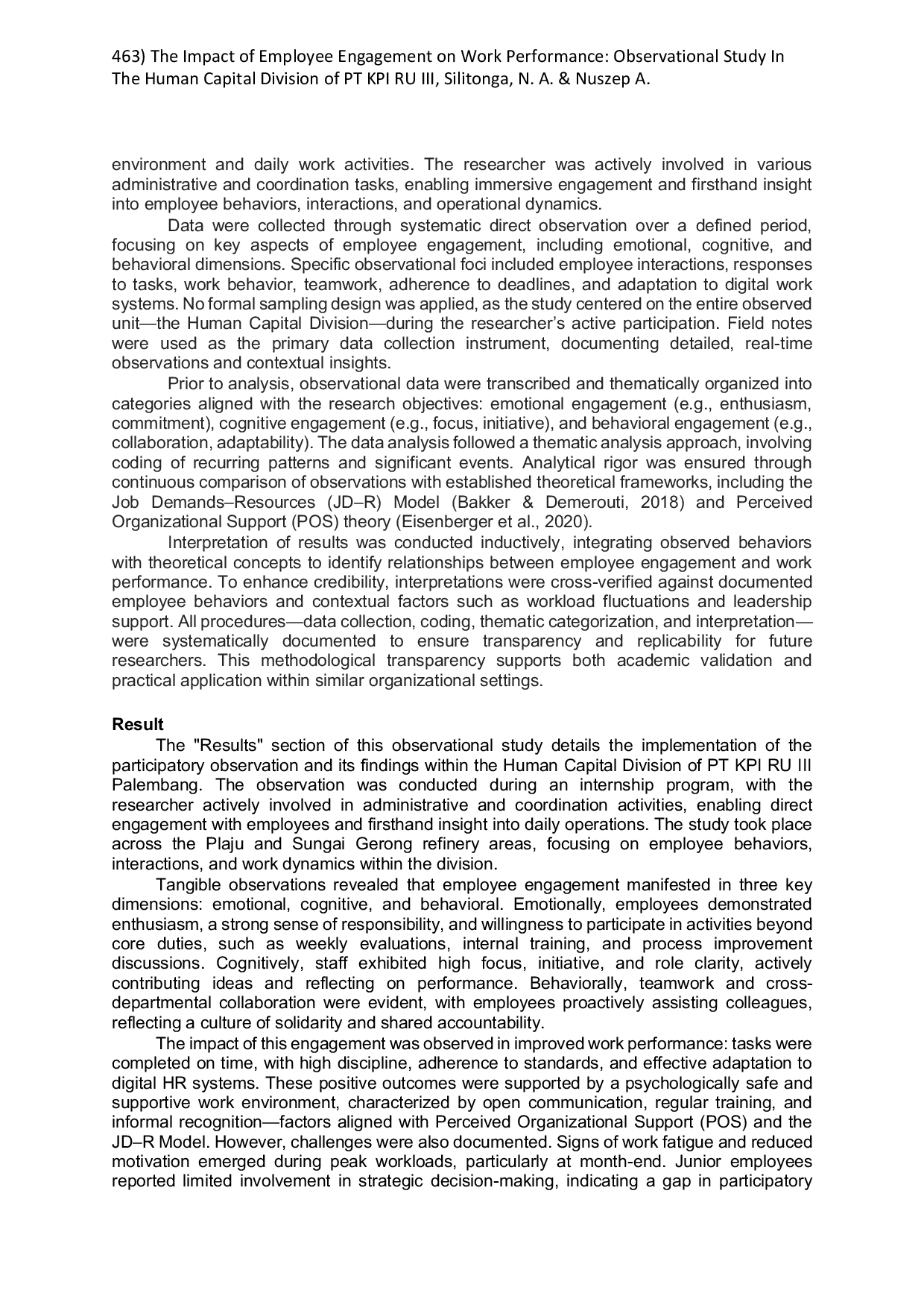 JURIS The Impact of Employee Engagement on Work Performance Observational Study In The Human Capital Division of PT KPI RU III