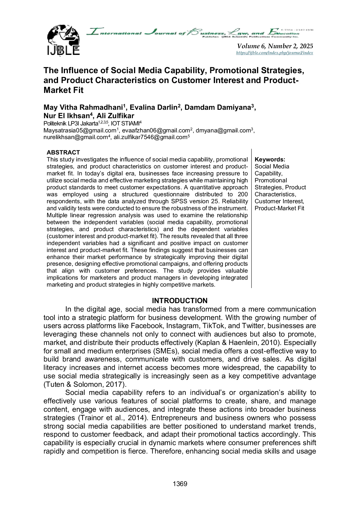 JURIS The Influence of Social Media Capability Promotional Strategies and Product Characteristics on Customer Interest and Product Market Fit