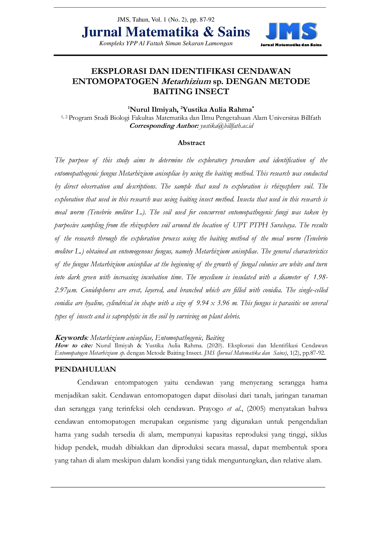 JURIS EKSPLORASI DAN IDENTIFIKASI CENDAWAN ENTOMOPATOGEN Metarhizium sp DENGAN METODE BAITING INSECT