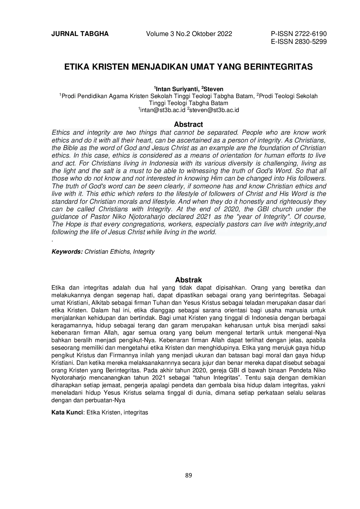 JURIS Etika Kristen Menjadikan Umat Yang Berintegritas