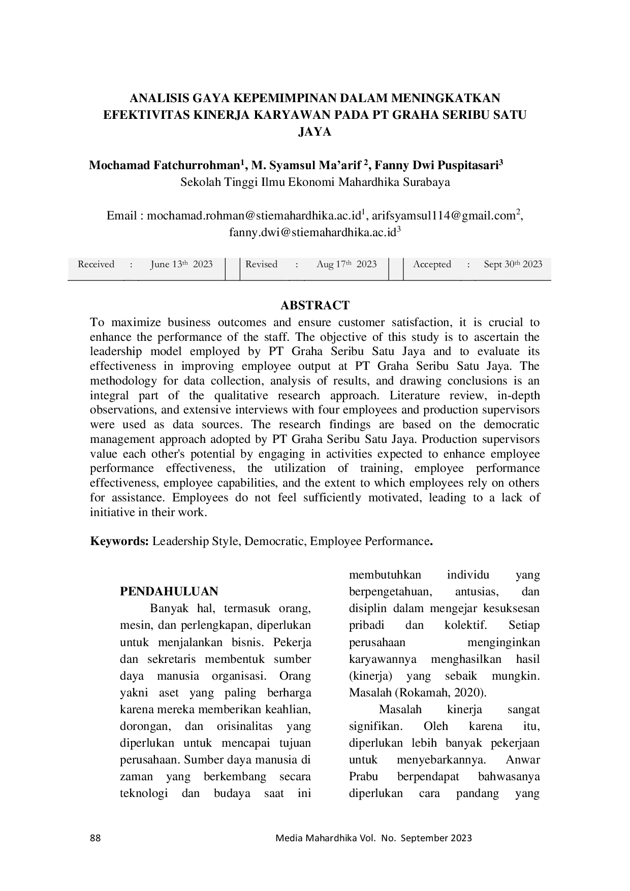 JURIS Analisis Gaya Kepemimpinan Dalam Meningkatkan Efektivitas Kinerja Karyawan Pada Pt Graha Seribu Satu Jaya