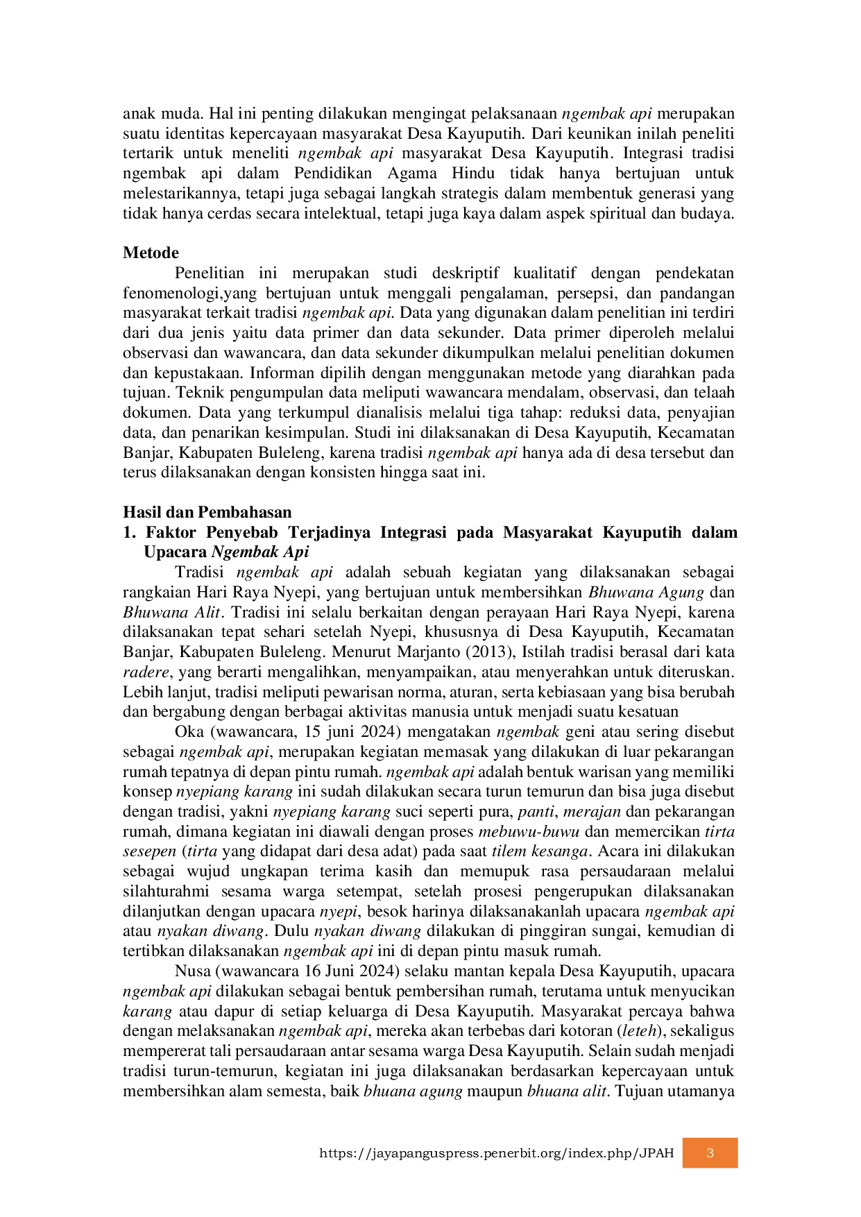 JURIS Integrasi Pendidikan Agama Hindu Dalam Pelaksanaan Ngembak Api Di Desa Kayuputih Kecamatan Banjar Kabupaten Buleleng