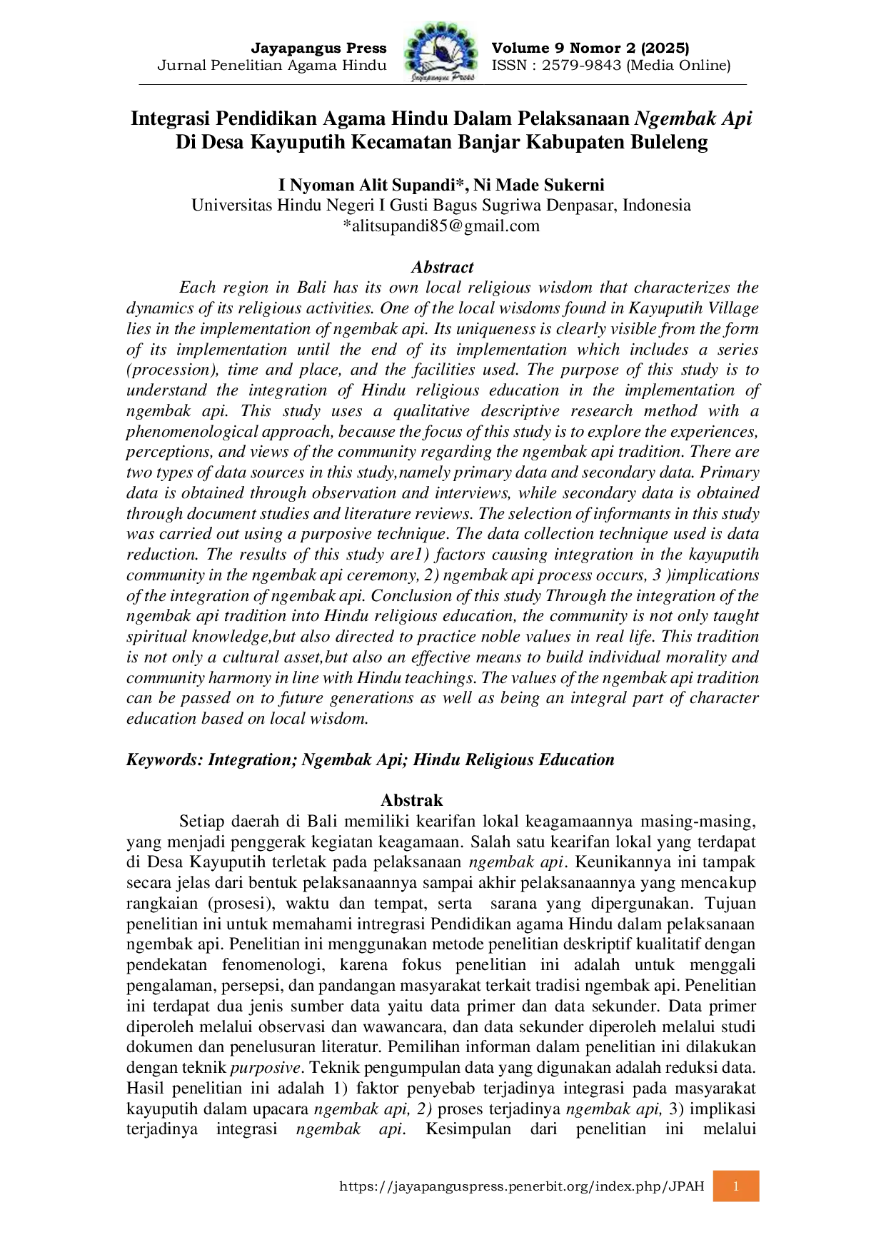 JURIS Integrasi Pendidikan Agama Hindu Dalam Pelaksanaan Ngembak Api Di Desa Kayuputih Kecamatan Banjar Kabupaten Buleleng