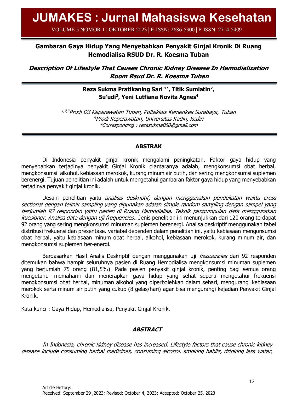 JURIS Gambaran Gaya Hidup Yang Menyebabkan Penyakit Ginjal Kronik Di Ruang Hemodialisa RSUD Dr R Koesma Tuban