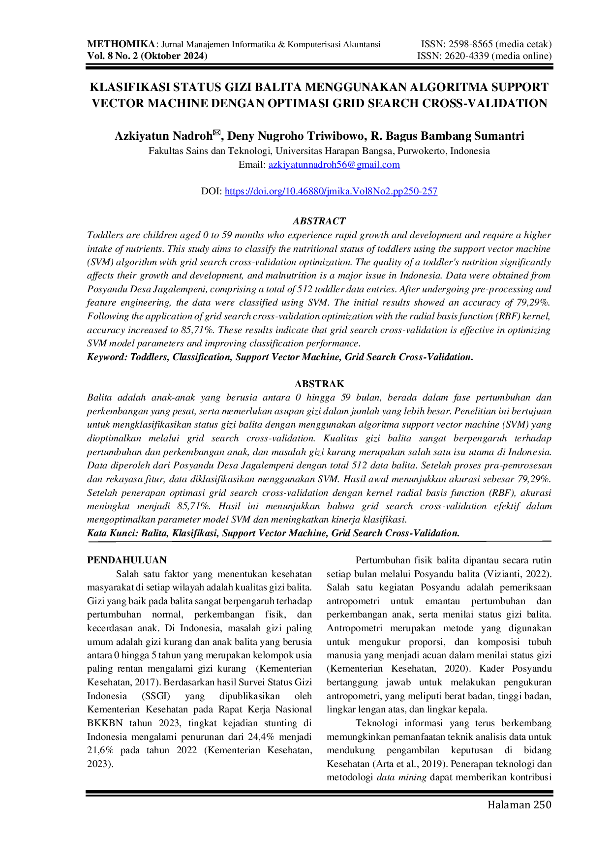 JURIS Klasifikasi Status Gizi Balita Menggunakan Algoritma Support Vector Machine Dengan Optimasi Grid Search Cross Validation
