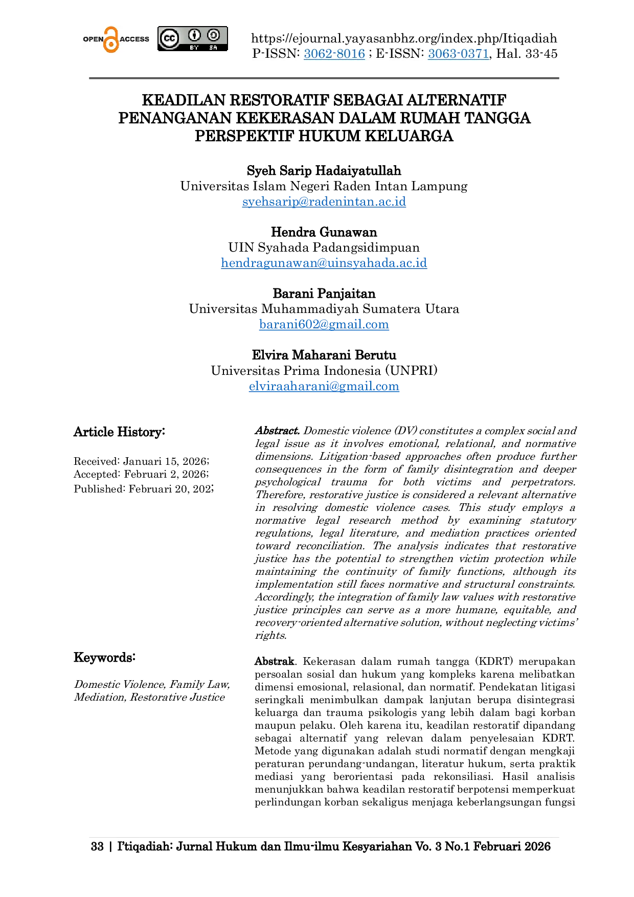 JURIS Keadilan Restoratif Sebagai Alternatif Penanganan Kekerasan Dalam Rumah Tangga Perspektif Hukum Keluarga