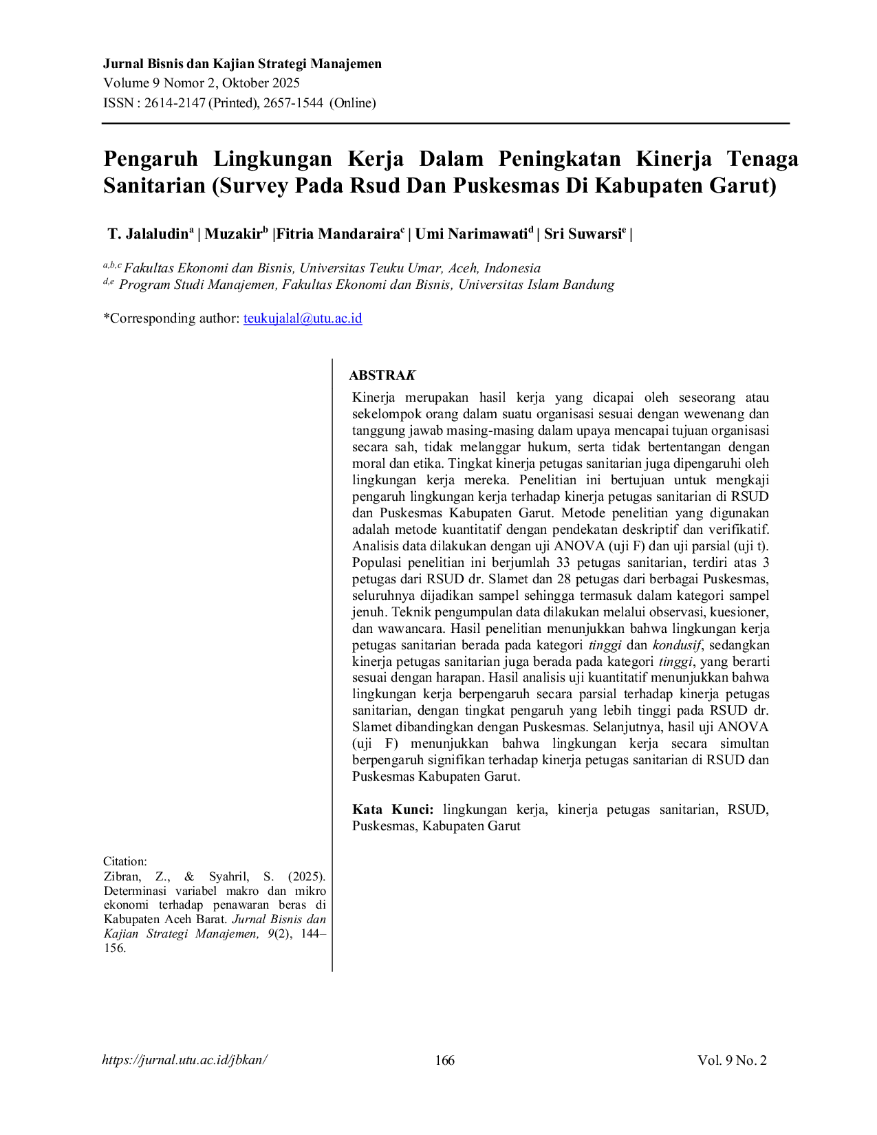 JURIS Pengaruh Lingkungan kerja dalam peningkatan kinerja tenaga sanitarian Survey pada RSUD dan Puskesmas Di Kabupaten Garut