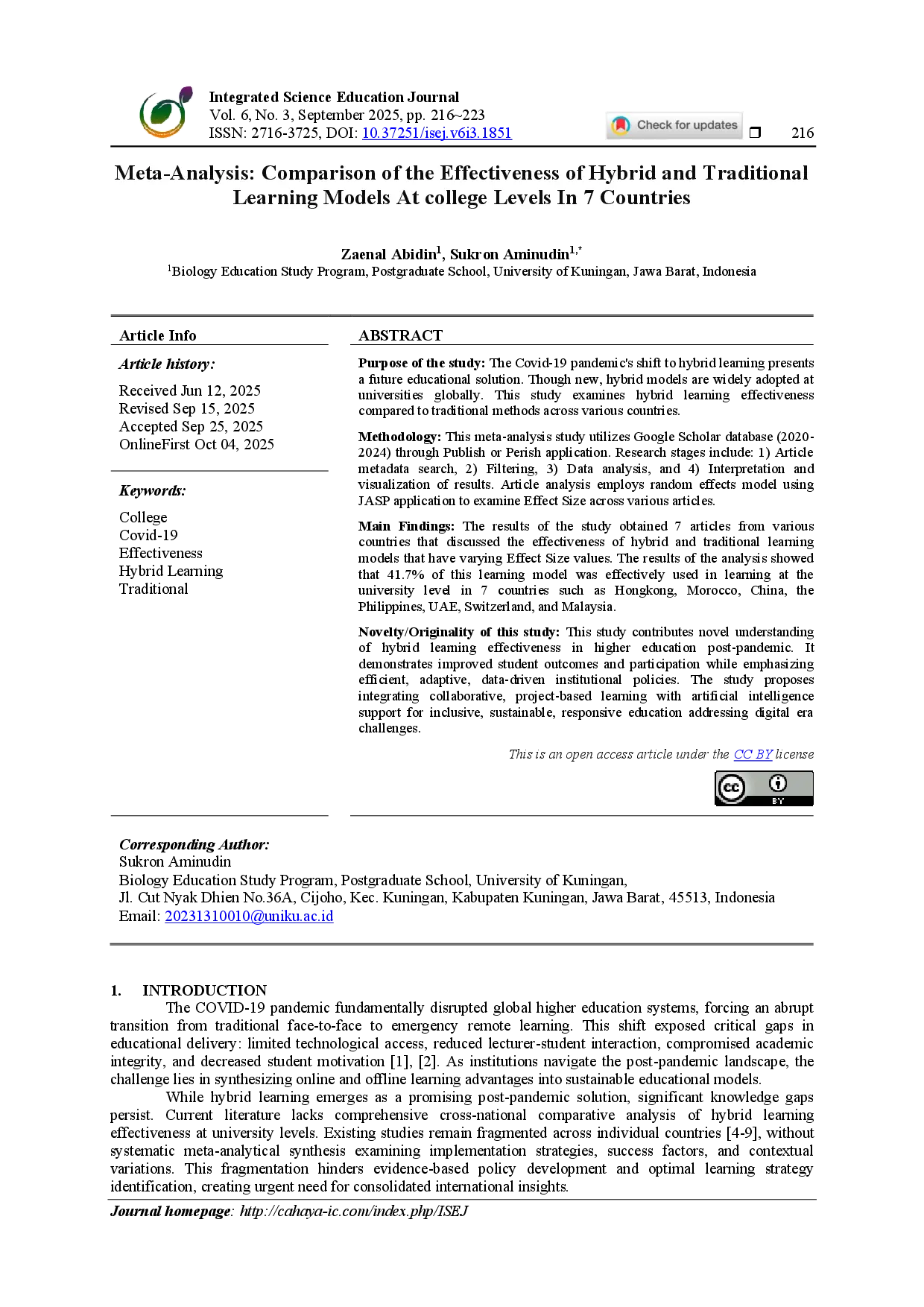 juris Meta Analysis Comparison of the Effectiveness of Hybrid and Traditional Learning Models At college Levels In 7 Countries