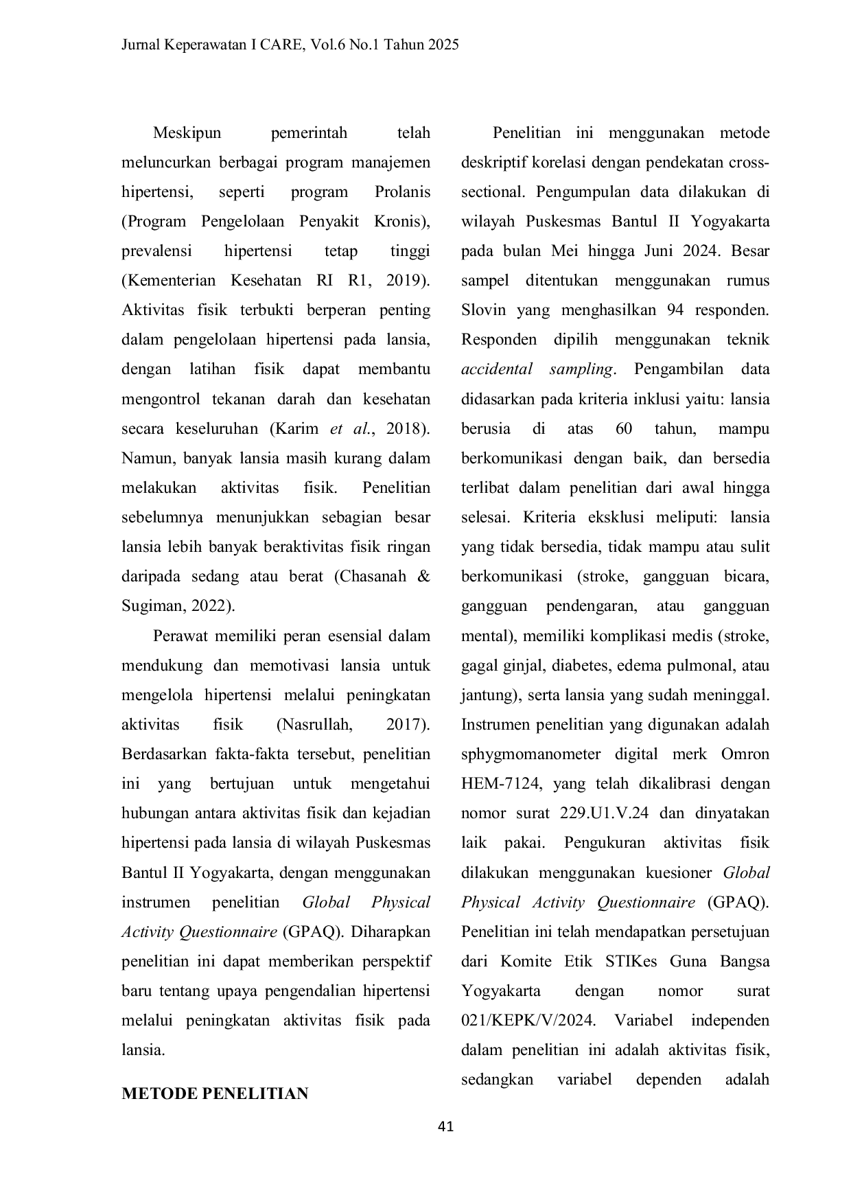 JURIS Analisis Hubungan Aktivitas Fisik dengan Kejadian Hipertensi pada Populasi Lansia