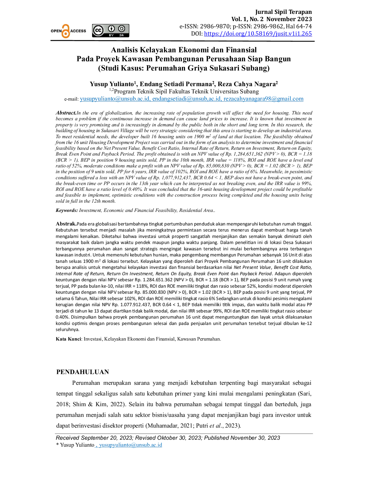 JURIS Analisis Kelayakan Ekonomi dan Finansial Pada Proyek Kawasan Pembangunan Perusahaan Siap Bangun Studi Kasus Perumahan Griya Sukasari Subang