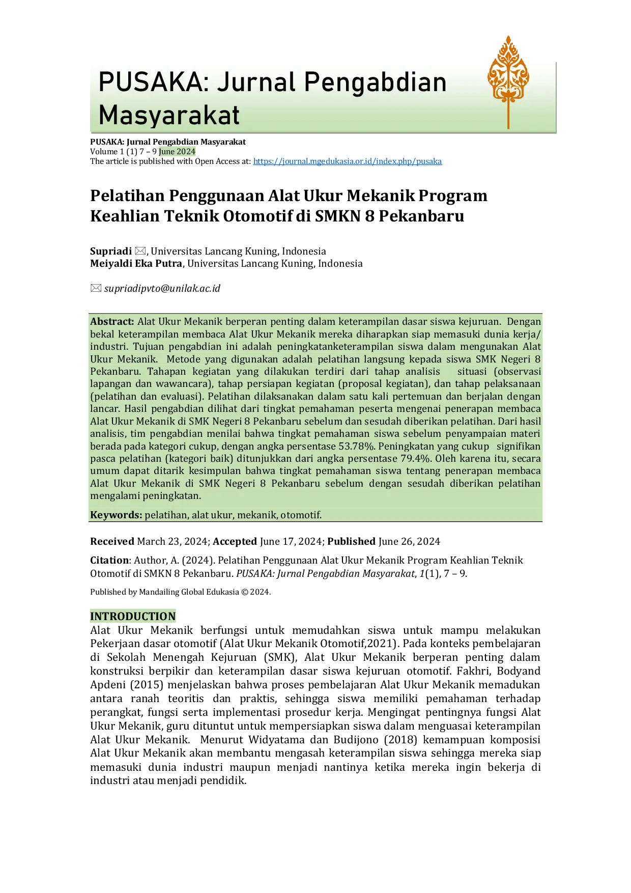 JURIS Pelatihan Penggunaan Alat Ukur Mekanik Program Keahlian Teknik Otomotif di SMKN 8 Pekanbaru