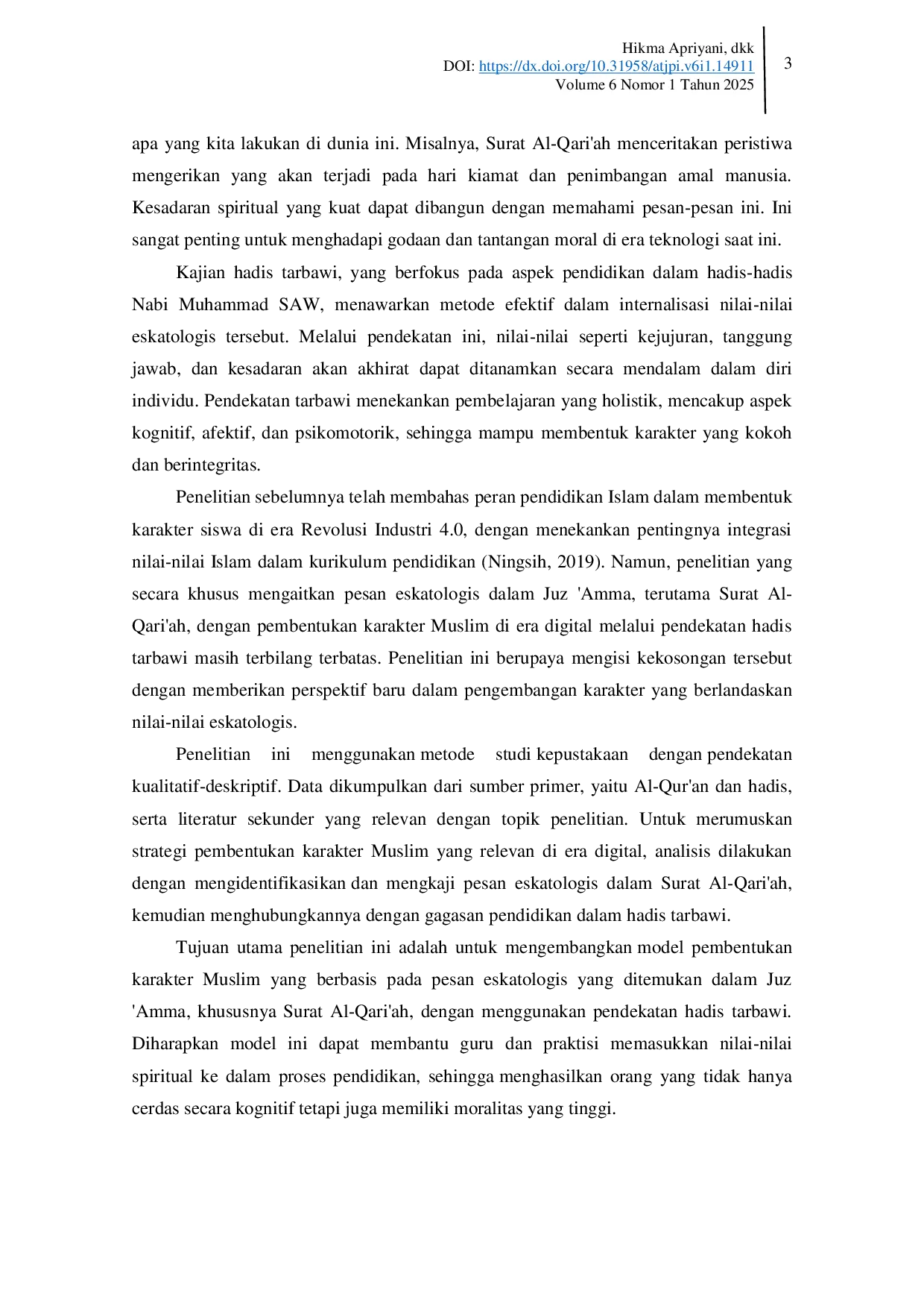 JURIS Pesan Eskatologis dalam Juz Amma Kajian Hadis Tarbawi atas Refleksi Surat Al Qari ah dalam Pembentukan Karakter Muslim di Era Digital
