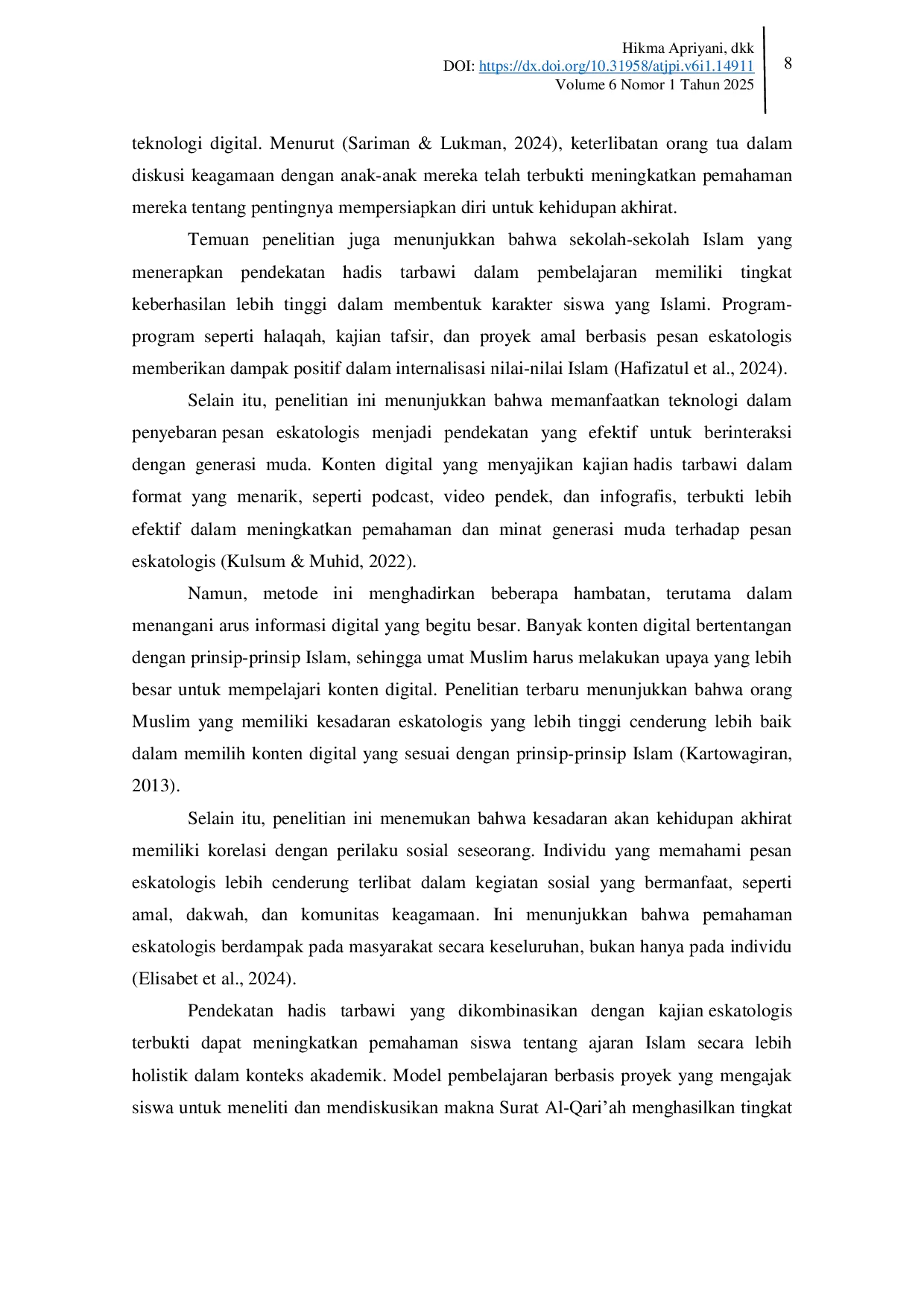 JURIS Pesan Eskatologis dalam Juz Amma Kajian Hadis Tarbawi atas Refleksi Surat Al Qari ah dalam Pembentukan Karakter Muslim di Era Digital