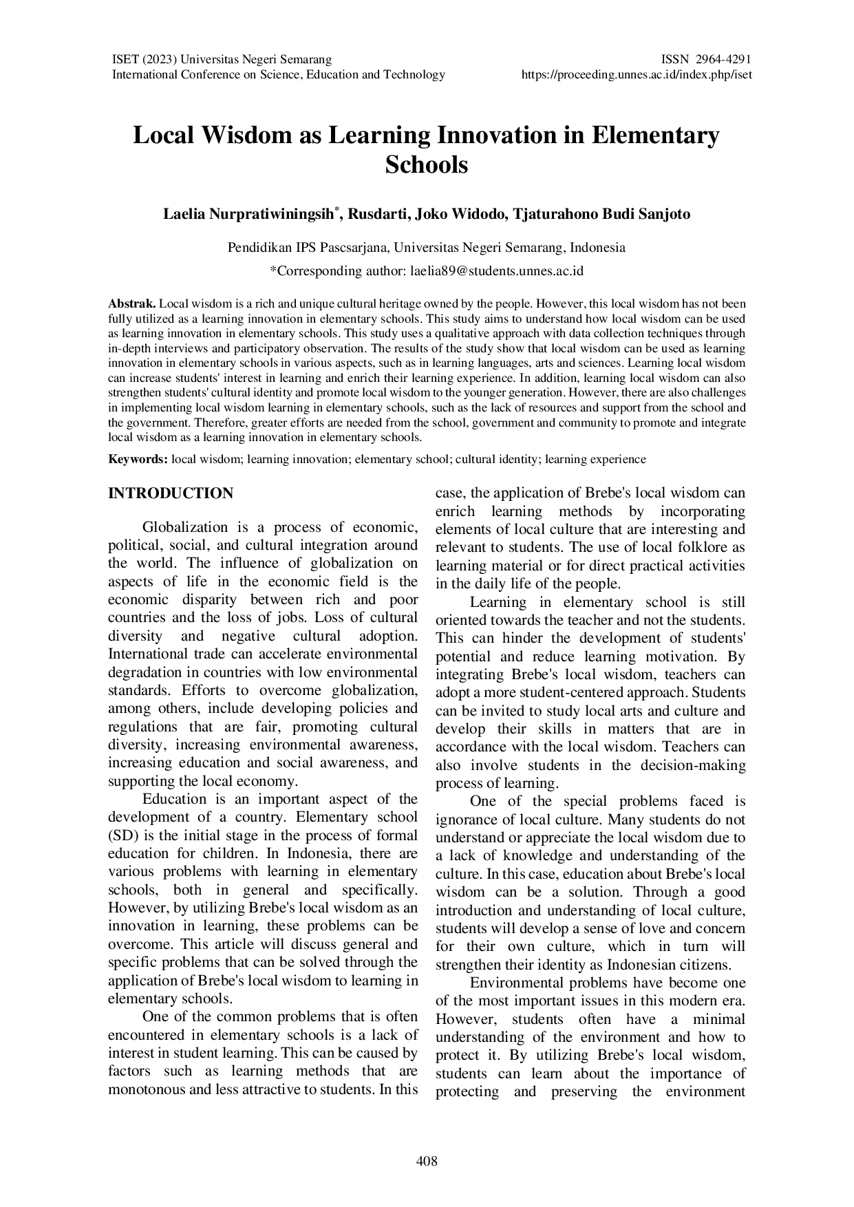 JURIS Local Wisdom as Learning Innovation in Elementary Schools