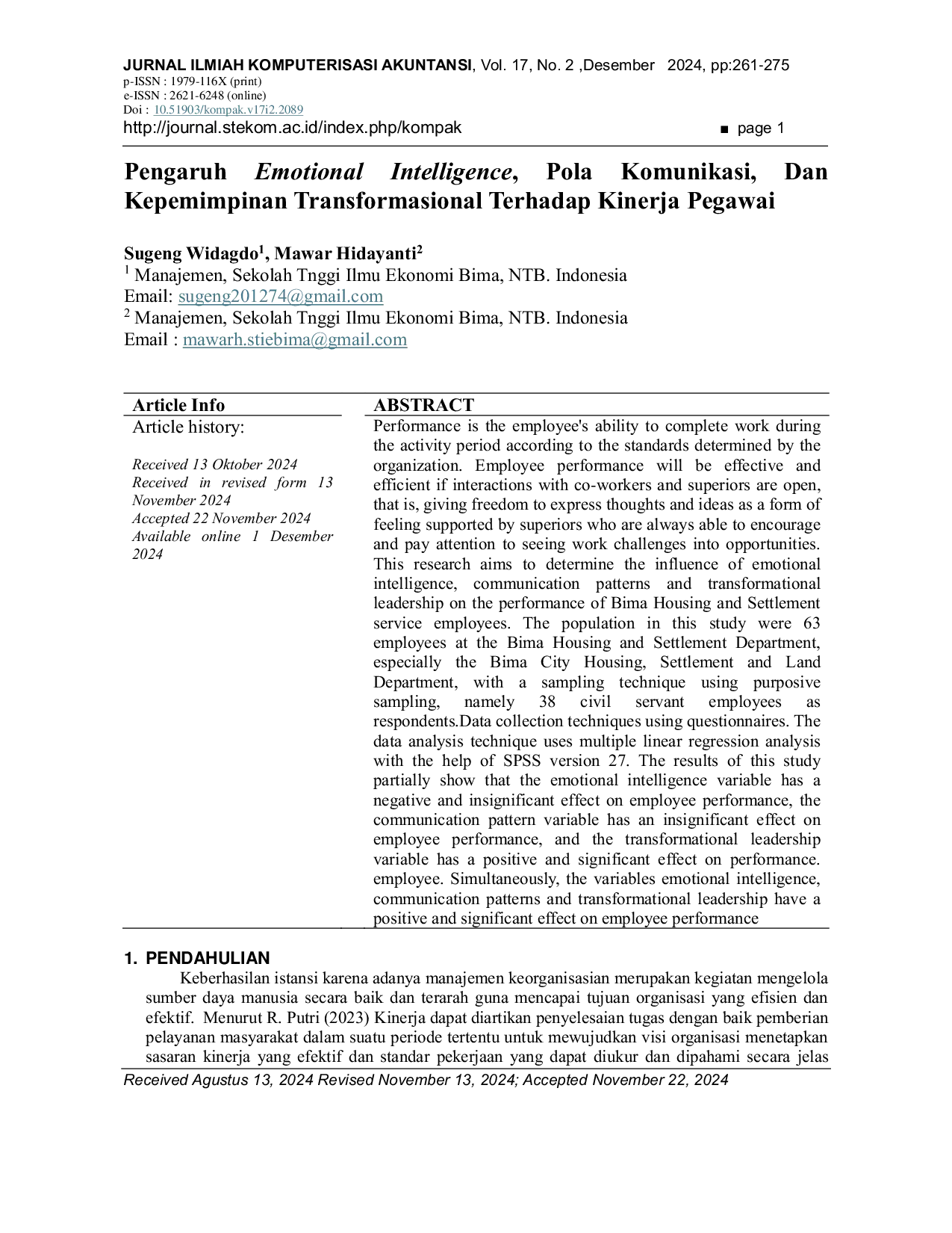 JURIS Pengaruh Emotional Intelligence Pola Komunikasi Dan Kepemimpinan Transformasional Terhadap Kinerja Pegawai