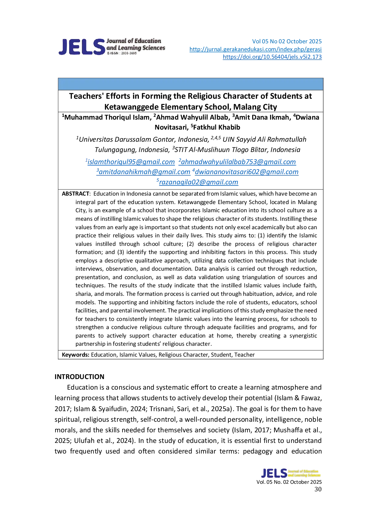 JURIS Teachers Efforts in Forming the Religious Character of Students at Ketawanggede Elementary School Malang City