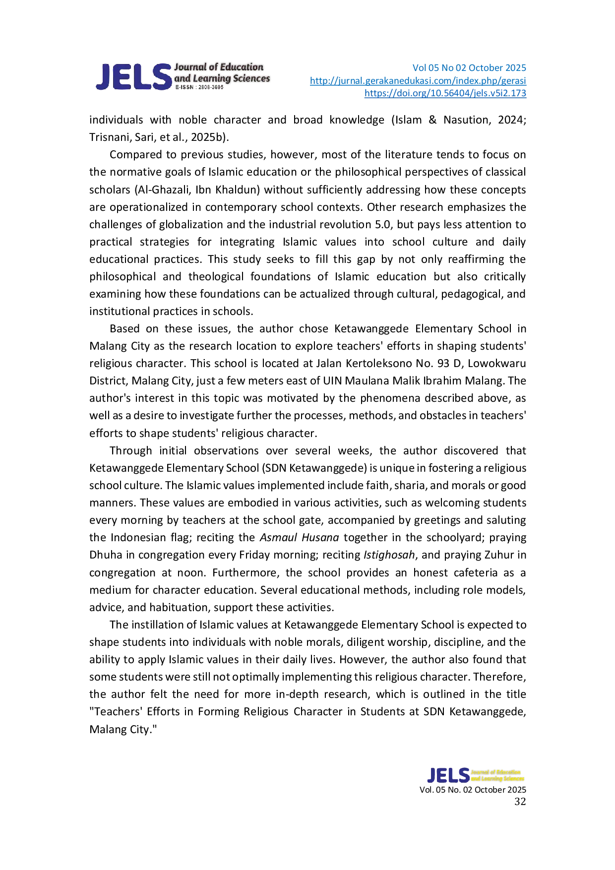 JURIS Teachers Efforts in Forming the Religious Character of Students at Ketawanggede Elementary School Malang City