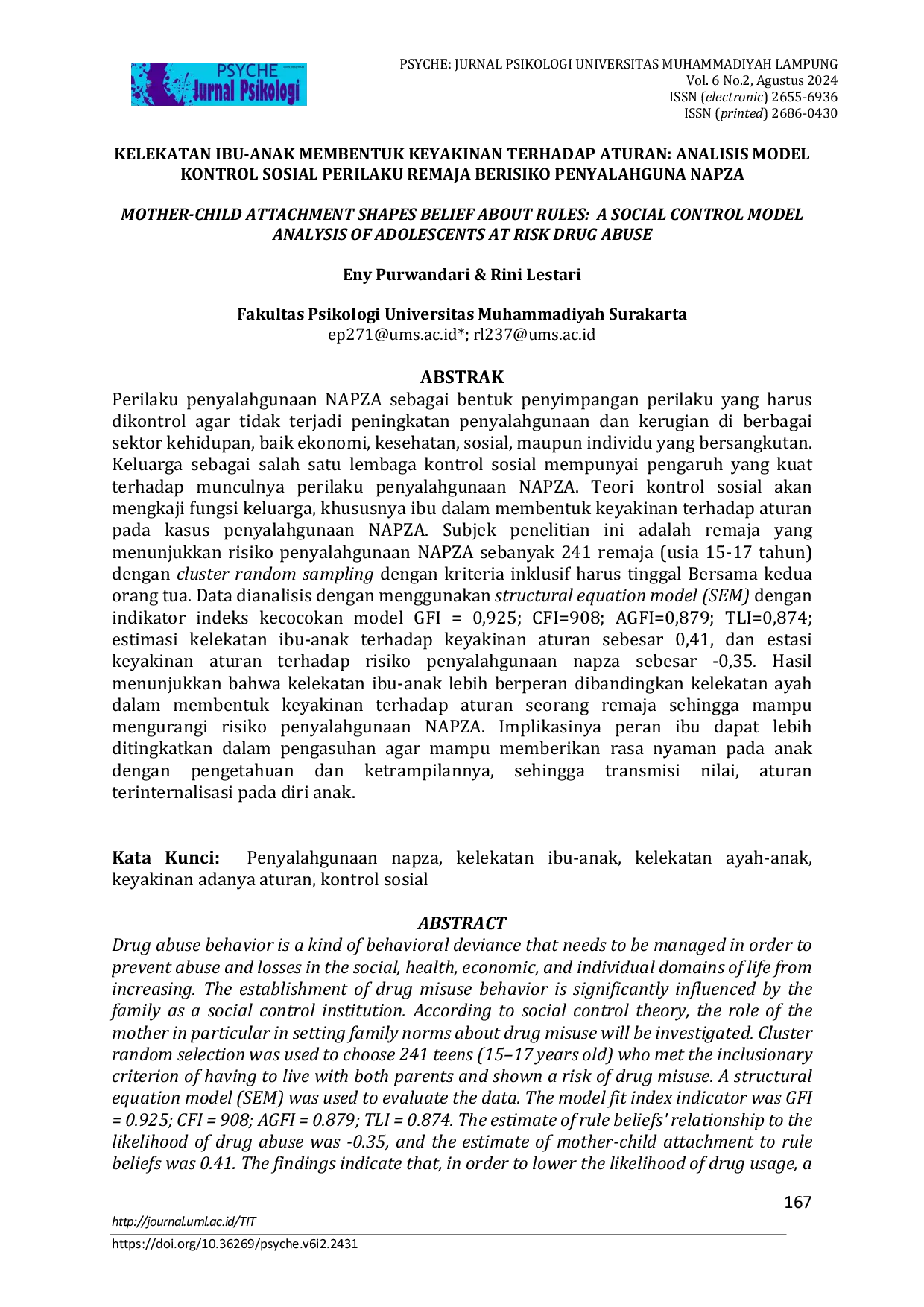JURIS Kelekatan Ibu Anak Membentuk Keyakinan Terhadap Aturan Analisis Model Kontrol Sosial Perilaku Remaja Berisiko Penyalahgunaan Napza