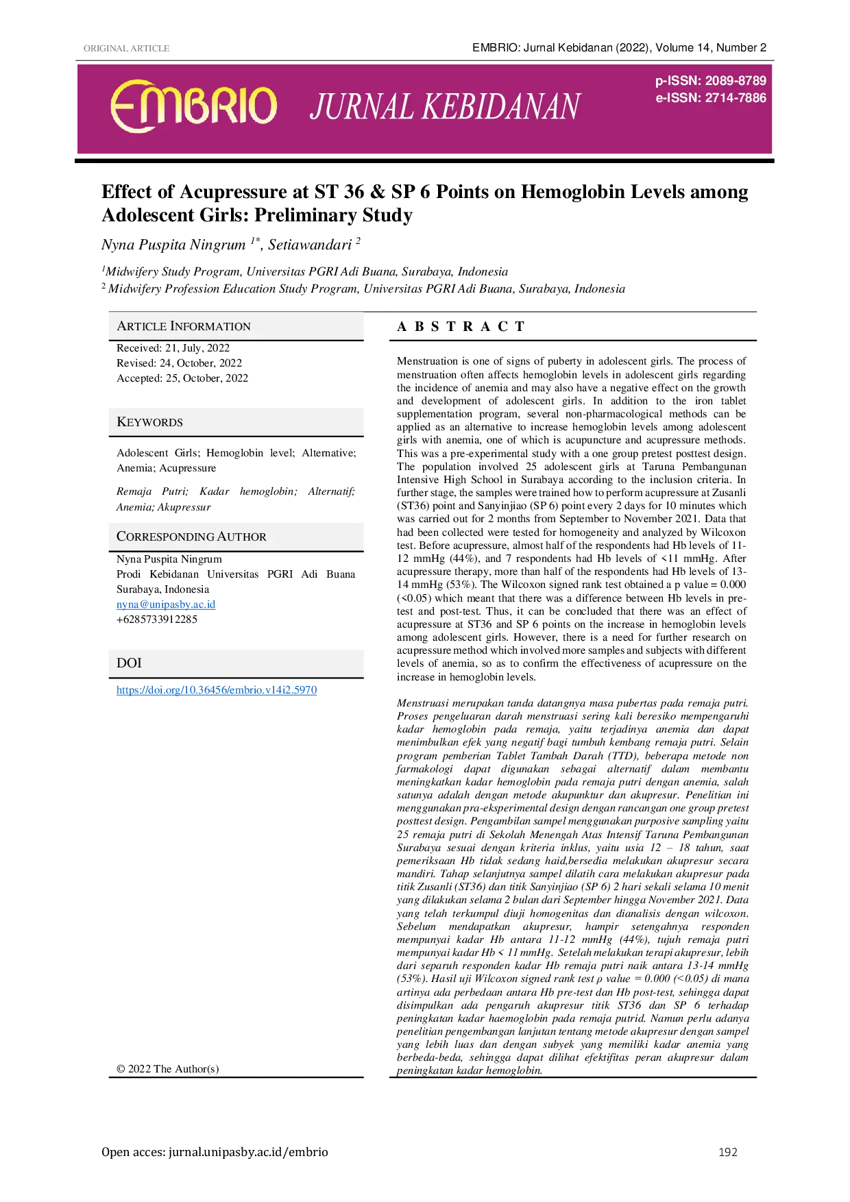 JURIS Effect of Acupressure at ST 36 SP 6 Points on Hemoglobin Levels among Adolescent Girls Preliminary Study