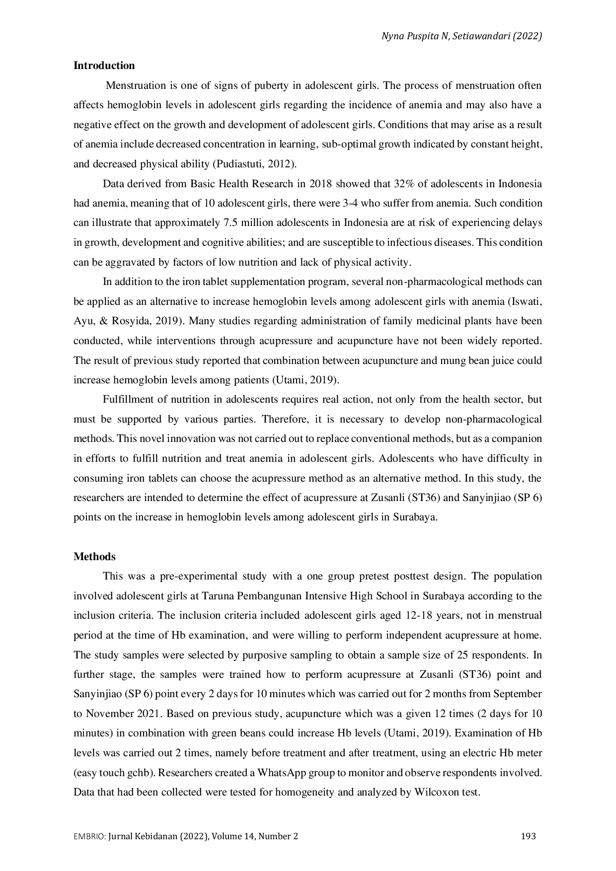 JURIS Effect of Acupressure at ST 36 SP 6 Points on Hemoglobin Levels among Adolescent Girls Preliminary Study